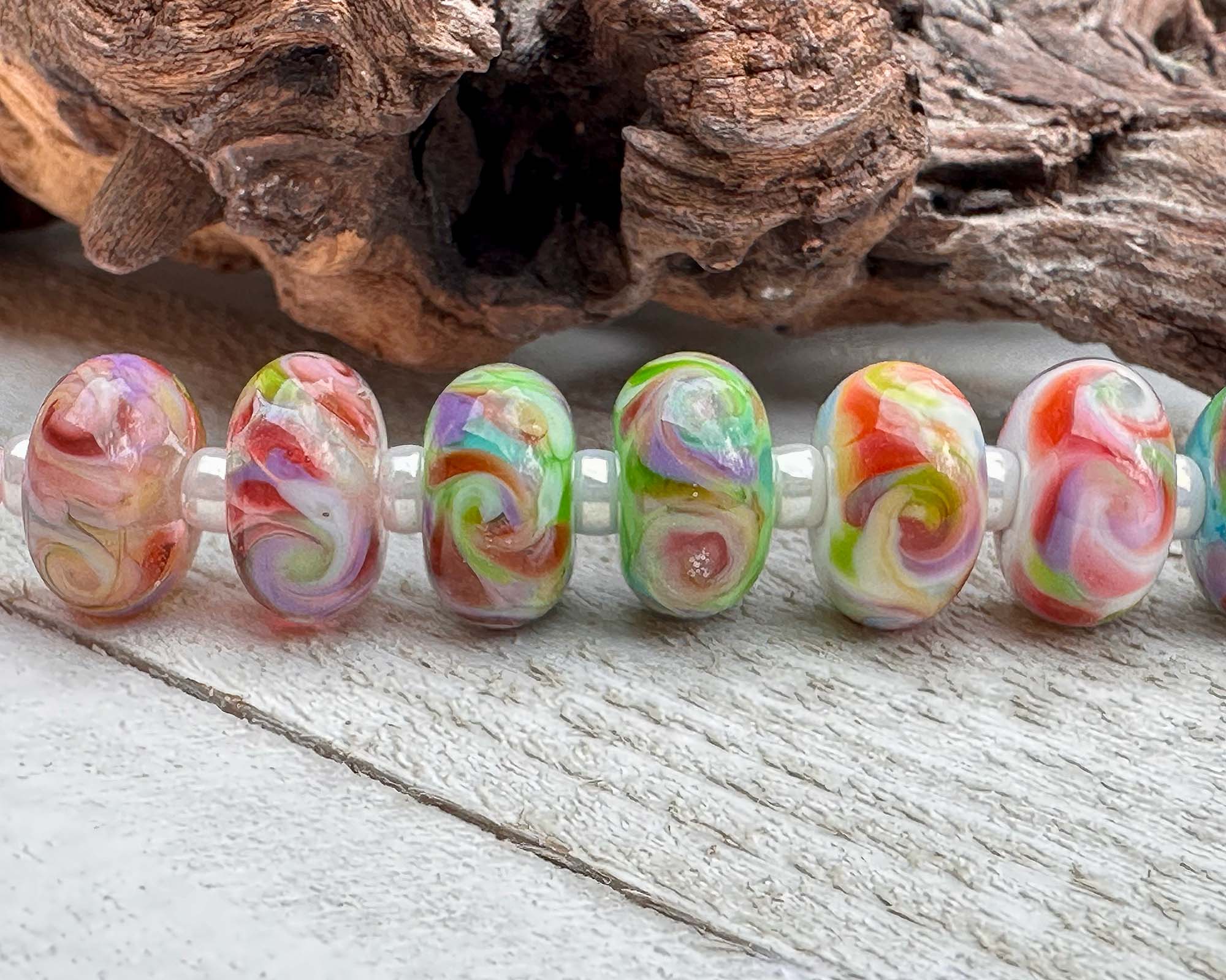 18 Sunrise Pastel Swirls Lampwork Glass Beads Set for Jewelry Making - DIY Bracelets, Necklaces & Craft Projects (SRA)