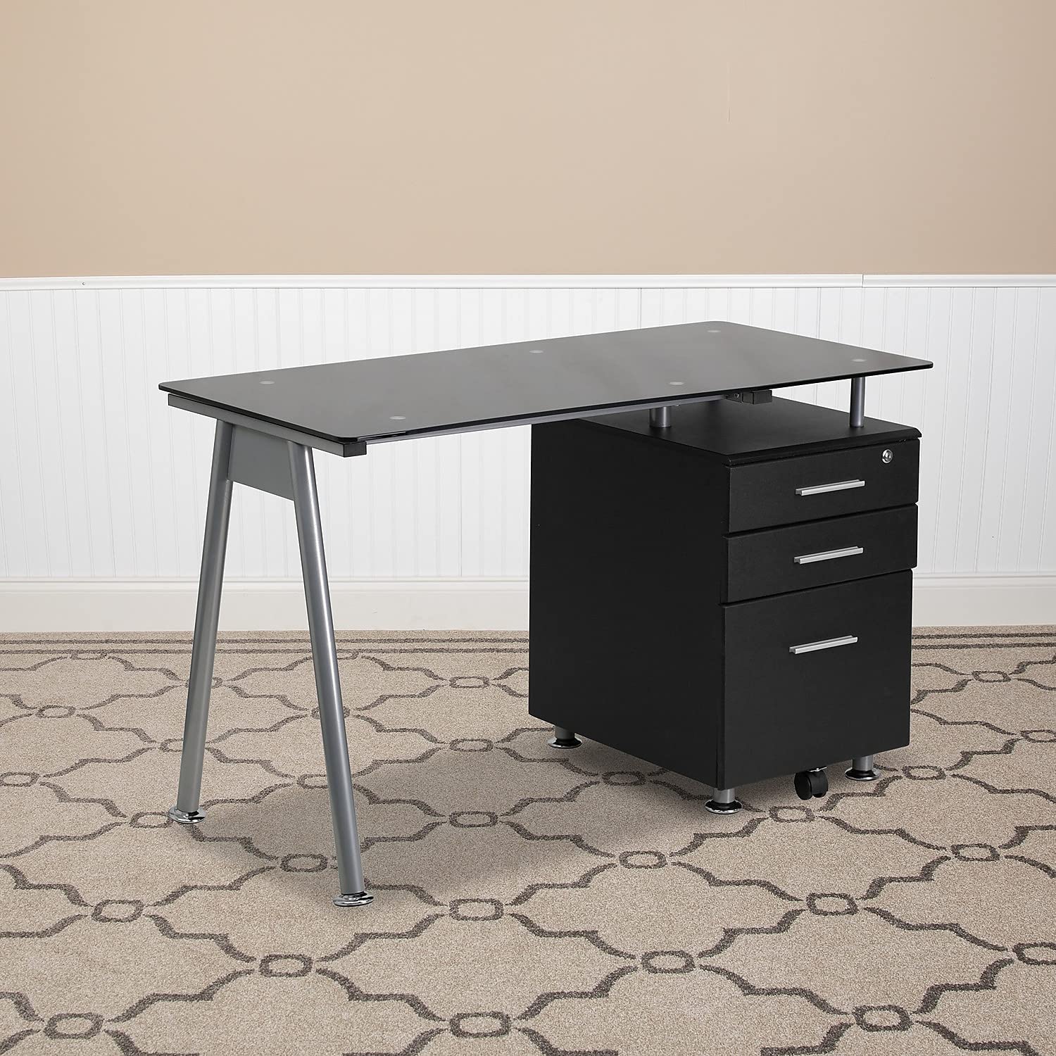 Flash Furniture Singleton Black Glass Computer Desk with Three Drawer Pedestal - Modern Home Office Desk for Work, Study & Gaming - Compact Writing Table for Small Spaces & Apartments