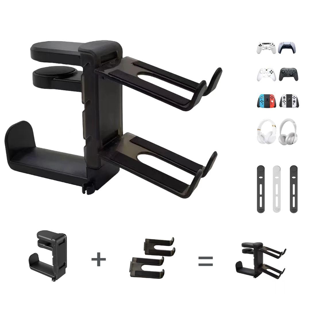 3-in-1 Adjustable Headphone Stand with Controller Holder - Under Desk Mount for Gaming Setup (Black)