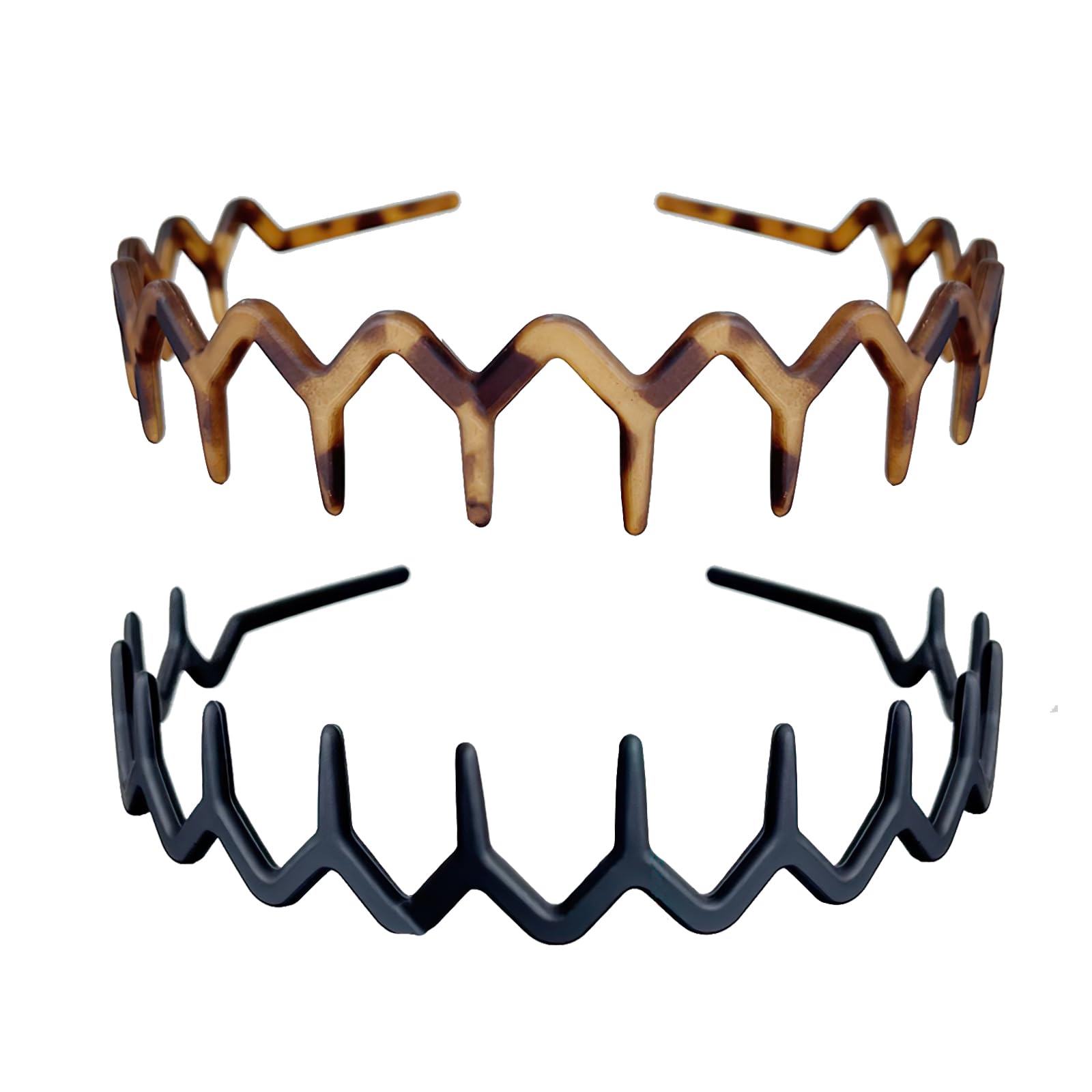 2 Pack Zigzag & Wavy Plastic Headbands - Shark Teeth Design Hair Accessories for Women & Men (Black, Brown) | Perfect for Sports, Workouts, Fashion & Everyday Use