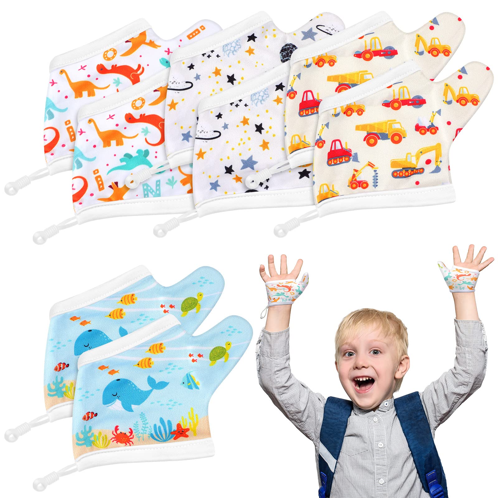 4 Pairs Breathable Thumb Sucking Guard for Kids 3-6 Years - Dinosaur Design Finger Sucking Prevention Gloves for Toddlers & Babies - Stop Nail Biting & Thumb Sucking Habit - Perfect for Daycare, Travel & Nighttime Use