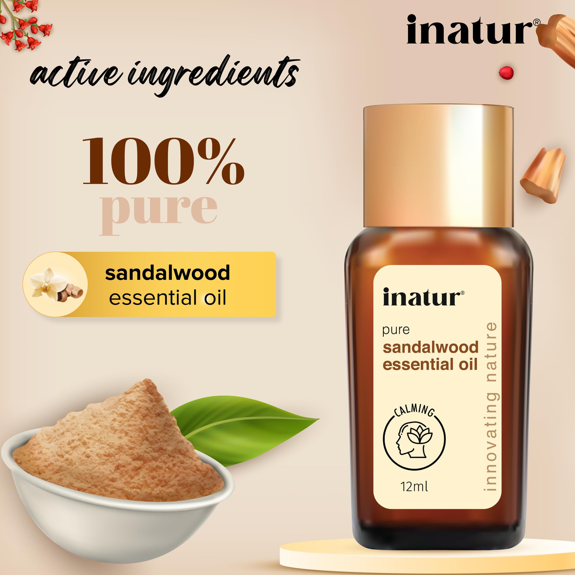 Pure & Natural inatur Sandalwood Essential Oil 12ml - Hydrating Face & Skin Care, Aromatherapy Oil for Relaxation & Stress Relief - Perfect for Diffusers, Massage, DIY Beauty Products & Spa Treatments