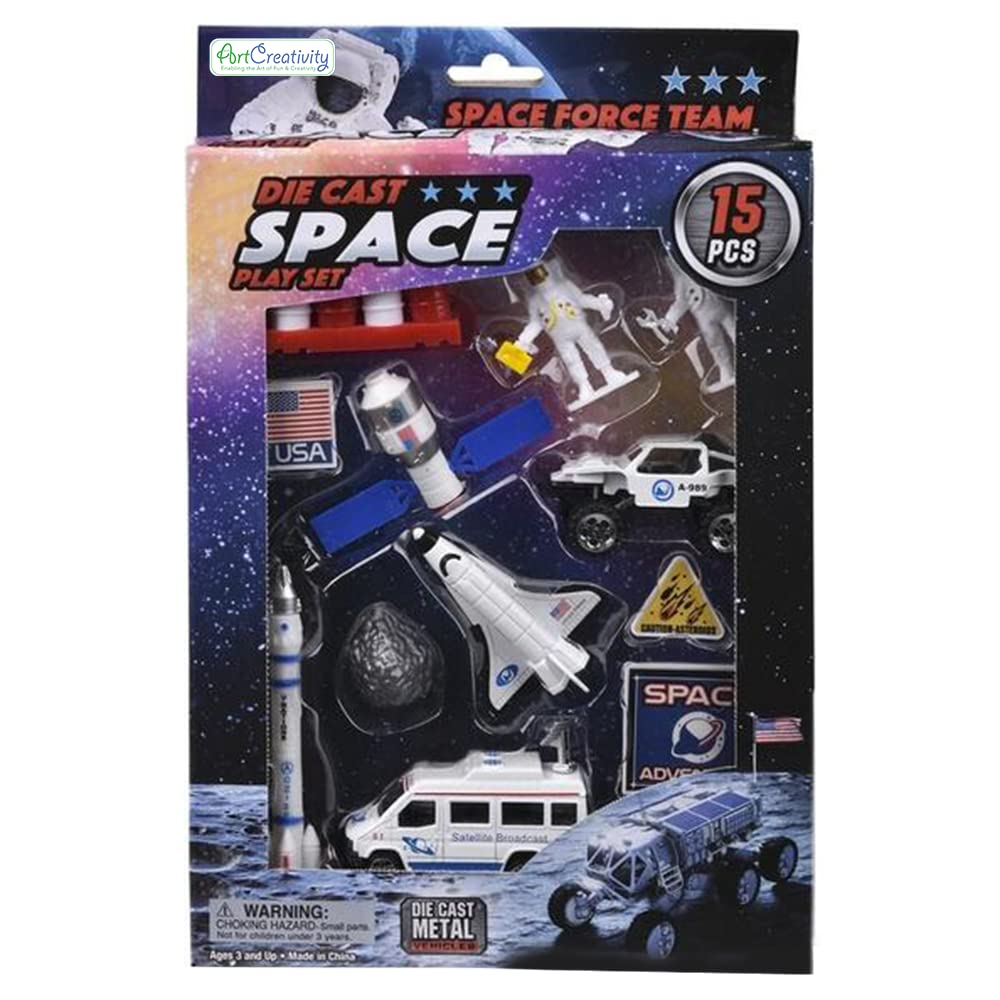 ArtCreativity 15-Piece Die-Cast Space Play Set - Kids Space Toys with Rocket, Shuttle, Astronaut Figures & Rovers - STEM Educational Toys for Boys & Girls - Perfect for Space-Themed Birthday Gifts & Classroom Learning Activities