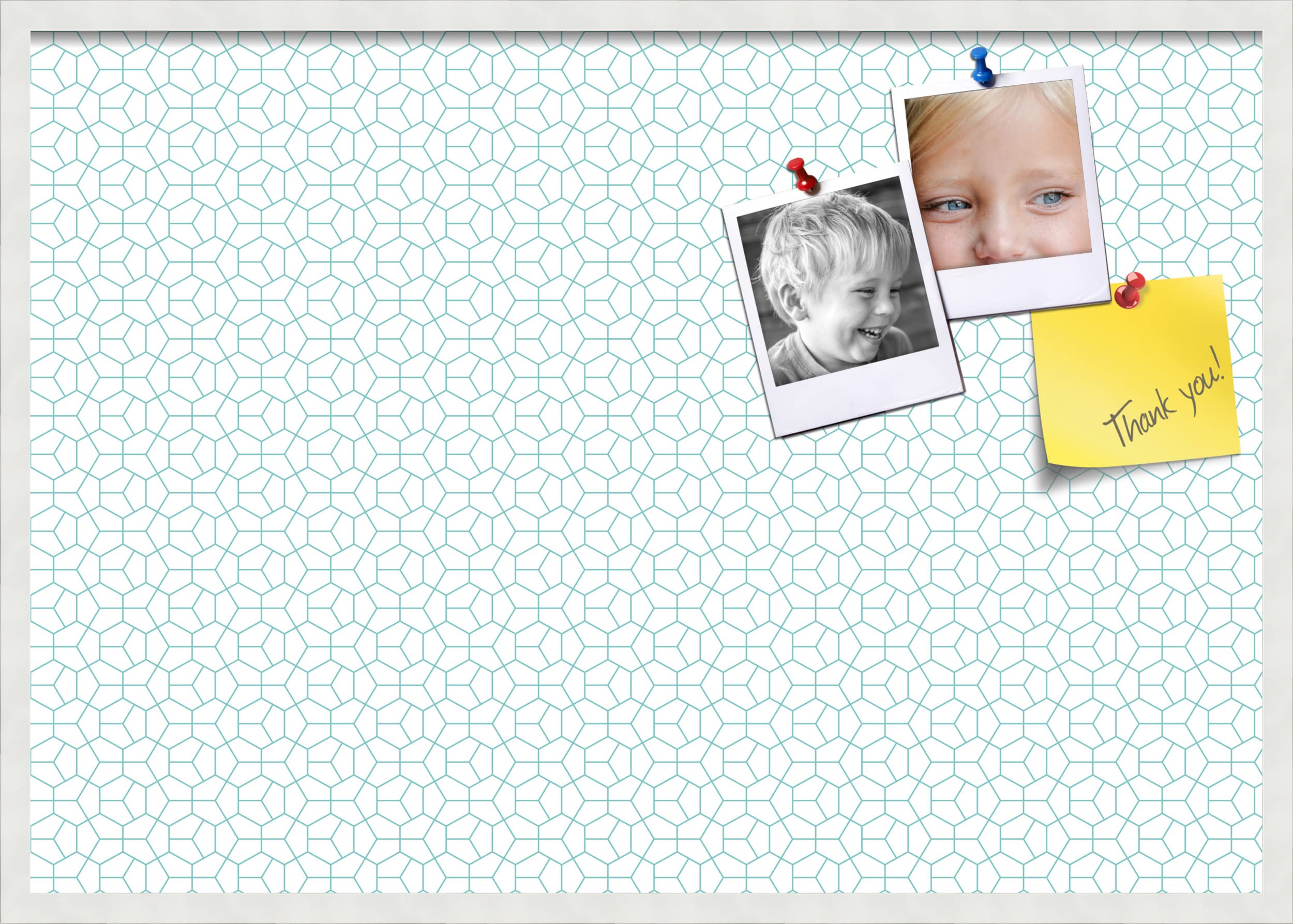 PinPix 40x28 Inch Cork Bulletin Board with Hexagon Aqua Design & White Frame - Wall Mounted Memo Board for Home Office Decor, School Classroom, Dorm Room Organization & Message Display