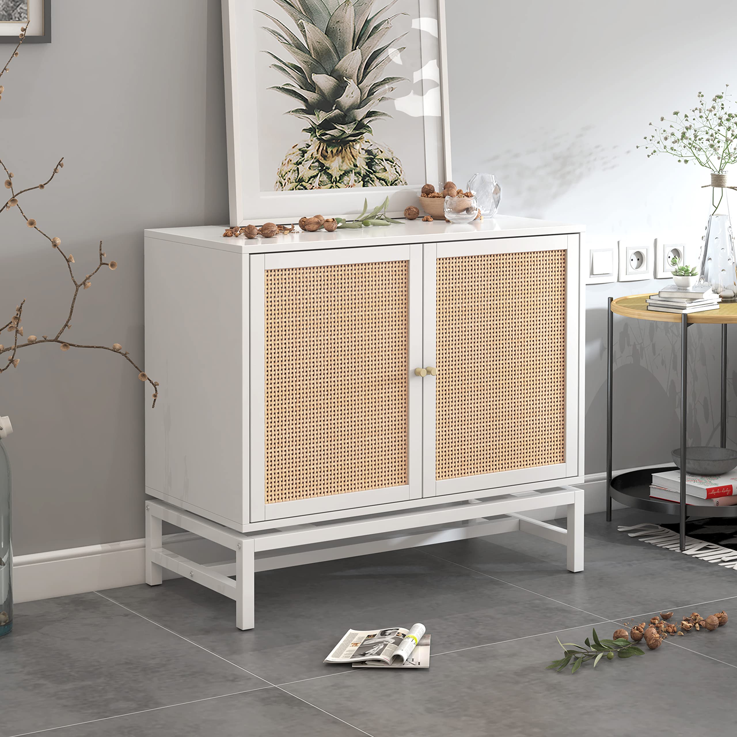 Rustic Farmhouse Buffet Sideboard Cabinet - Natural Rattan Coffee Bar Storage with Metal Frame & 2 Cane Doors | Wooden Kitchen Console Table for Dining Room & Living Room | Perfect for Home Decor, Entertaining & Extra Storage Space