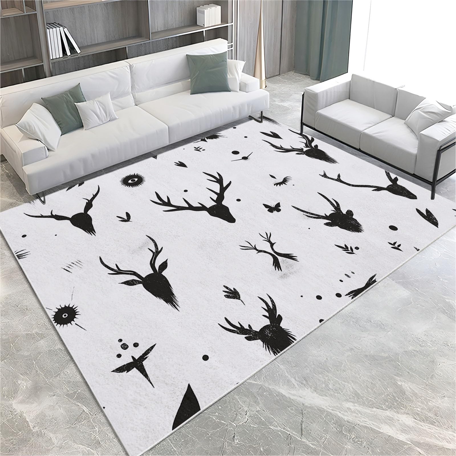 Viking Themed Animal Antlers Print Non-Slip Area Rug - Soft Low Pile Machine Washable Indoor Carpet for Living Room & Bedroom - 5x8 Feet Home Decor - Perfect for Nordic Style Home & Cabin Decor