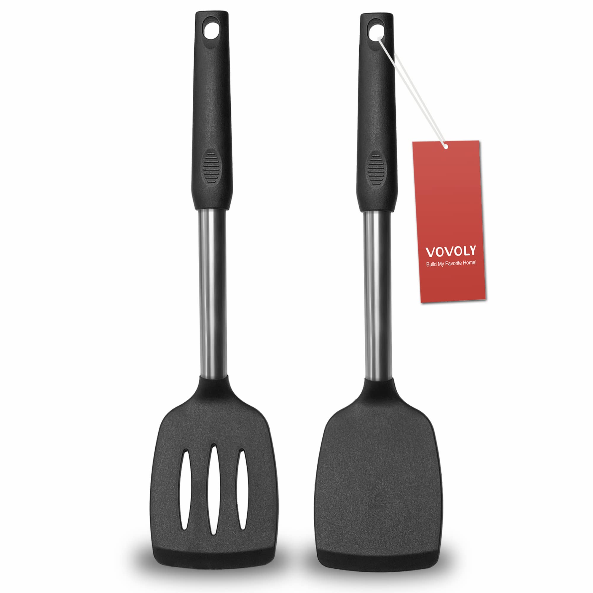 2-Pack Silicone Spatula Set - Solid & Slotted Stainless Steel Handle Non-Stick Turner - Heat Resistant Rubber Spatulas for Cooking, Baking, Flipping Fish, Eggs & Pancakes - Perfect for Woks, Frying Pans & Kitchen Utensils
