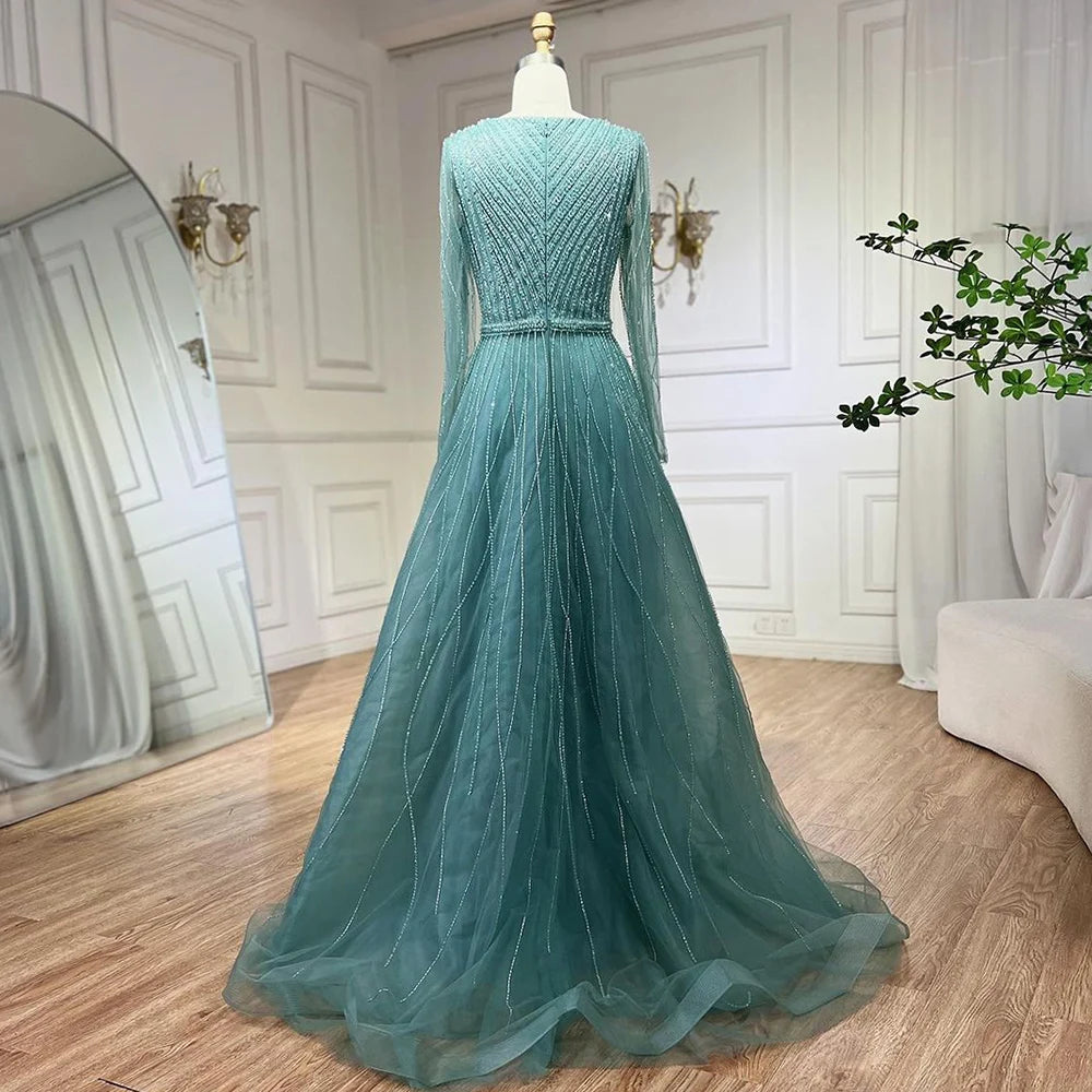 Elegant Muslim Turquoise Beaded A-Line Evening Dress for Dubai Luxury Formal Events - Serene Hill LA72228 | Perfect for Weddings, Galas, and Special Occasions