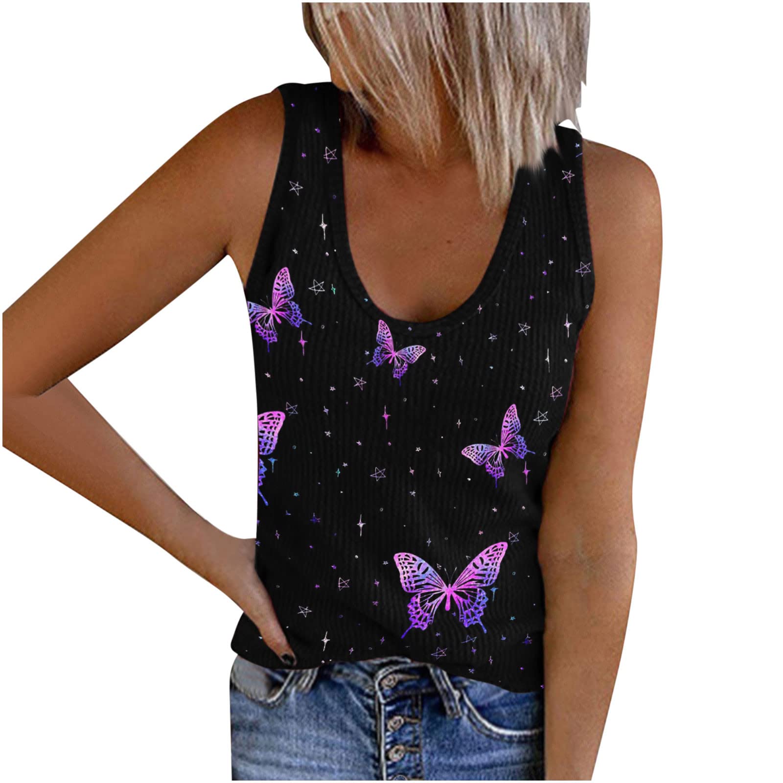 Women's Fashion Sleeveless Tank Tops - Summer Feather Butterfly Printed Loose Crewneck Vest for Casual Wear | Trendy Beach Outfits, Yoga Clothes & Everyday Comfort