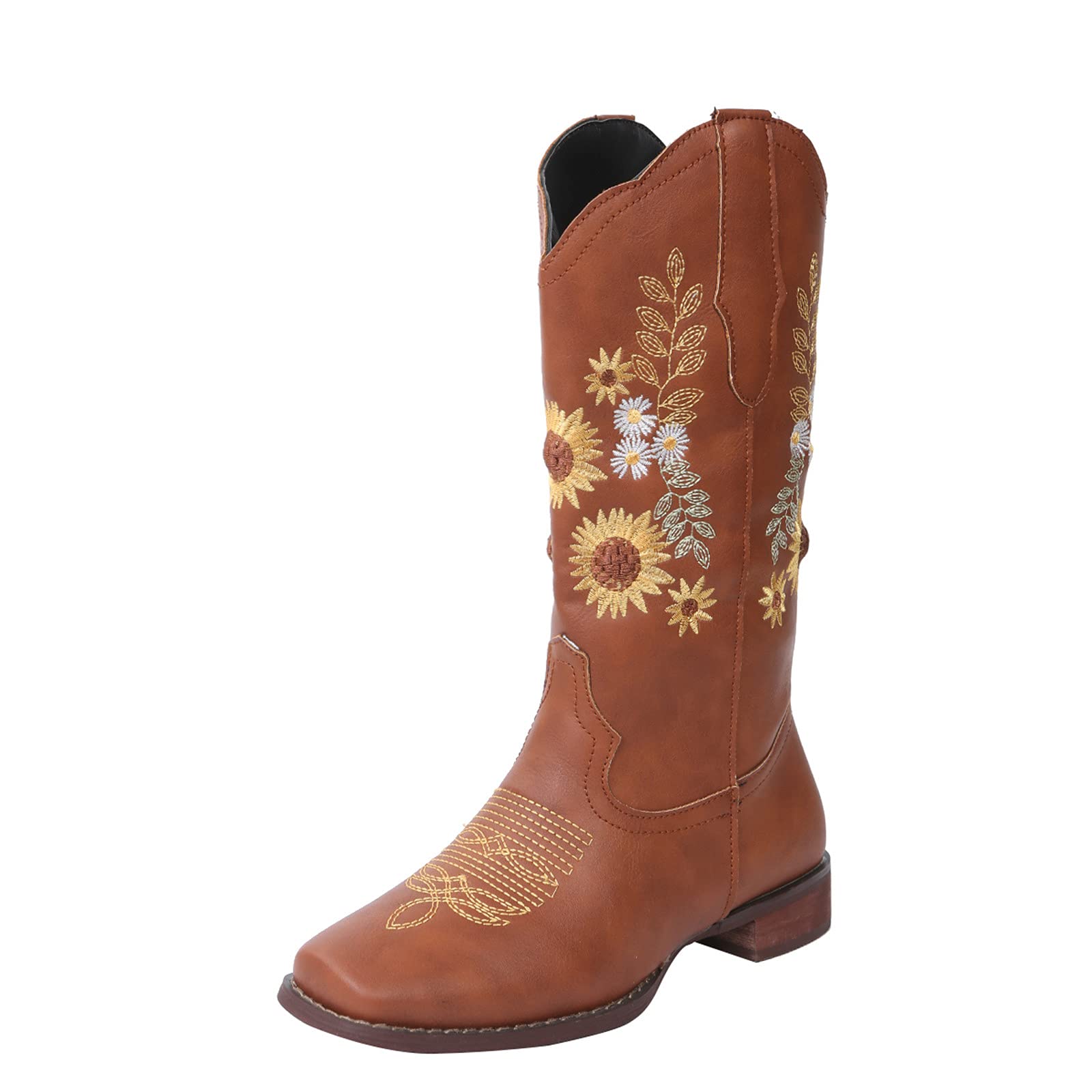 Vintage Embroidered Western Cowboy Boots for Women - Sunflower Design Cowgirl & Motorcycle Riding Boots - Wide Calf Boot Cuffs - Perfect for Country Music Festivals, Rodeos & Western Fashion