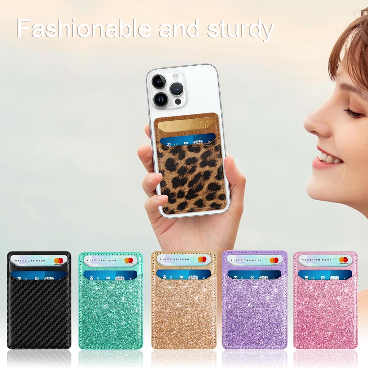 Self Adhesive Card Holder for Phone Back - Genuine Leather RFID Blocking Wallet Pocket with Strong Adhesive - Credit Card Sleeve for iPhone & Samsung Cases (Leopard Print) - Perfect for Hands-Free Shopping, Travel & Contactless Payments