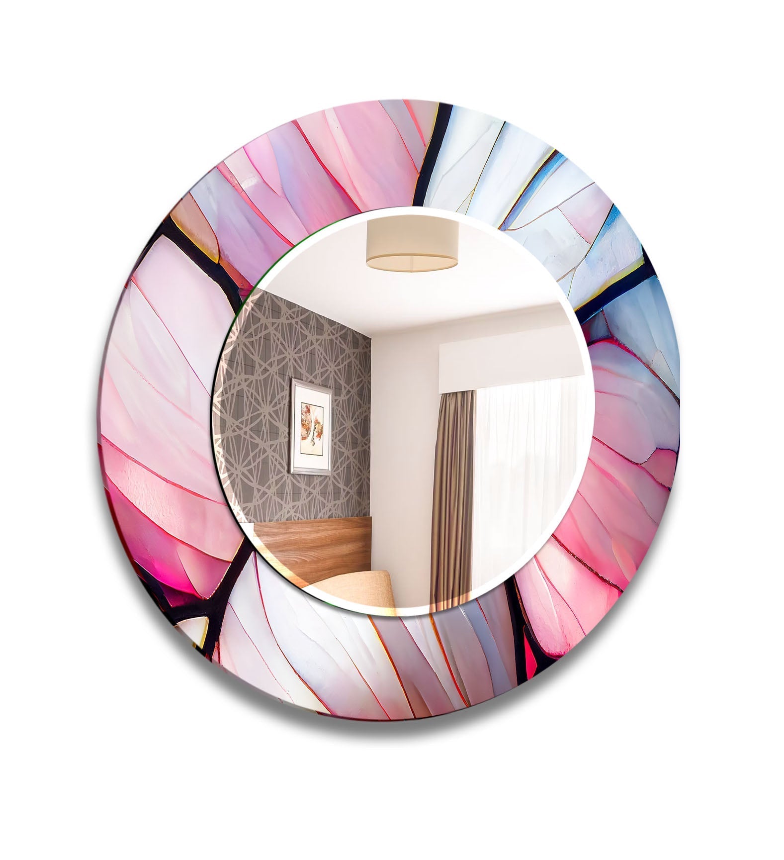Abstract Pink & Blue Lines Wall Mirror - Modern Decorative Mirror for Living Room, Bedroom & Bathroom - Perfect for Home Decor, Selfies & Interior Design