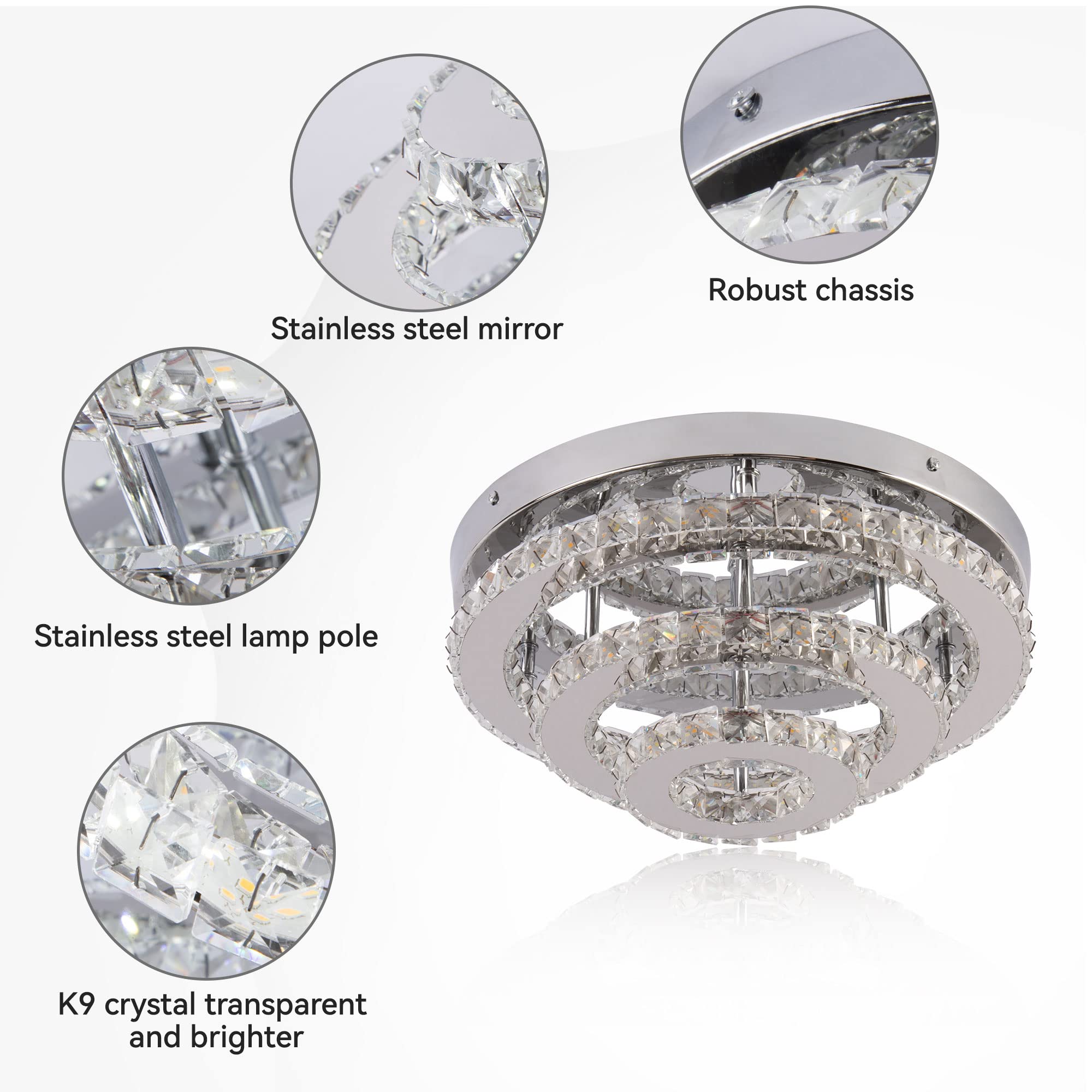 Modern Crystal Chandelier LED 3-Tier Flush Mount Ceiling Light - 13.8