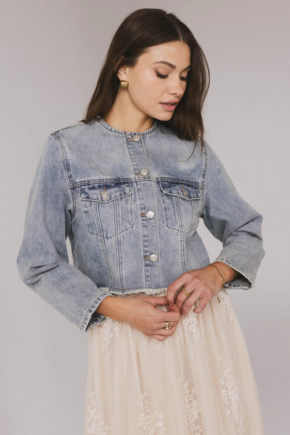 Marlowe Cropped Denim Jacket for Women - Vintage Distressed Light Wash Denim Shirt - Perfect for Spring, Fall & Casual Outfits
