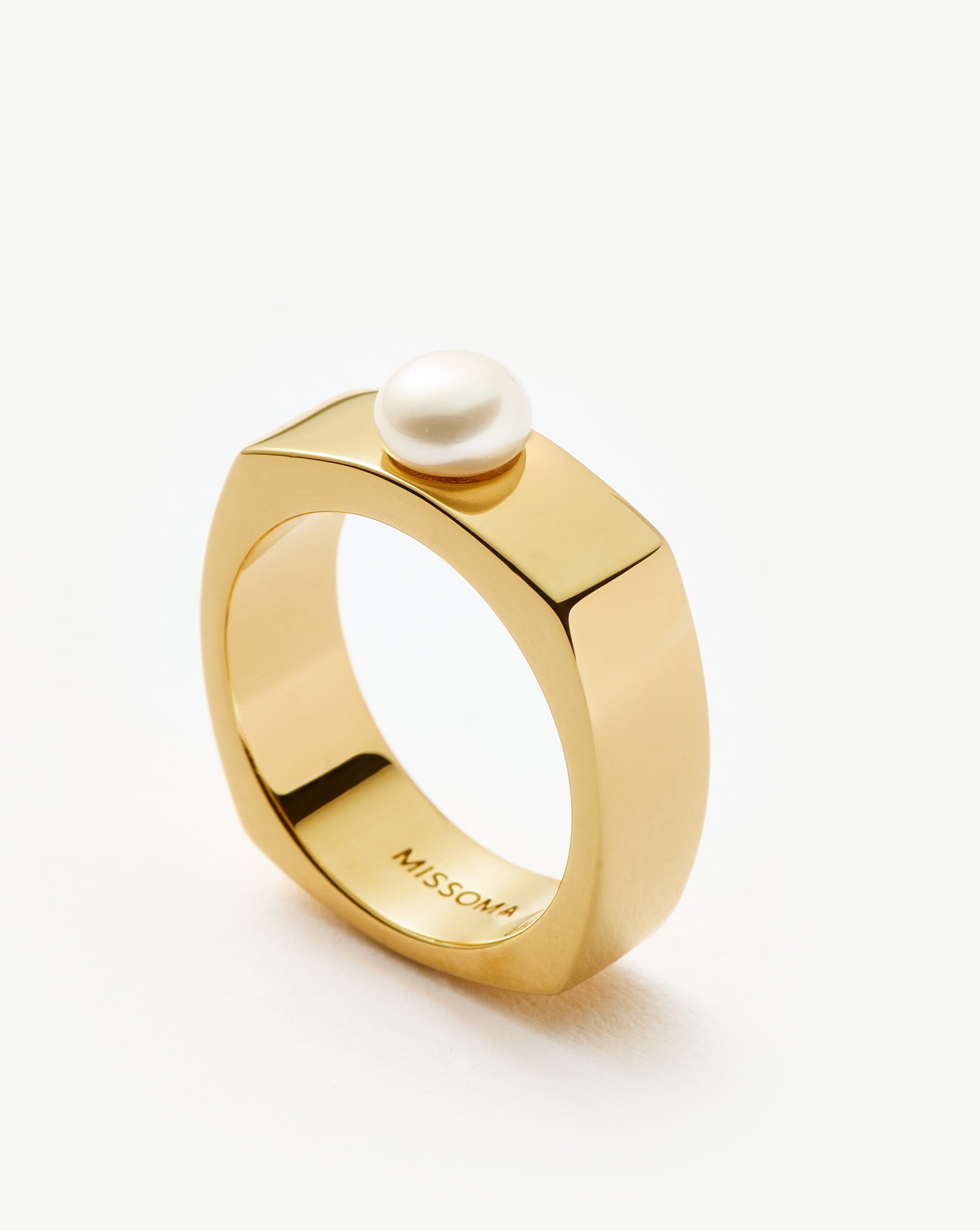 18k Gold Plated Button Pearl Square Chunky Ring - Elegant Vermeil Pearl Jewelry for Women, Perfect for Weddings, Parties & Everyday Wear