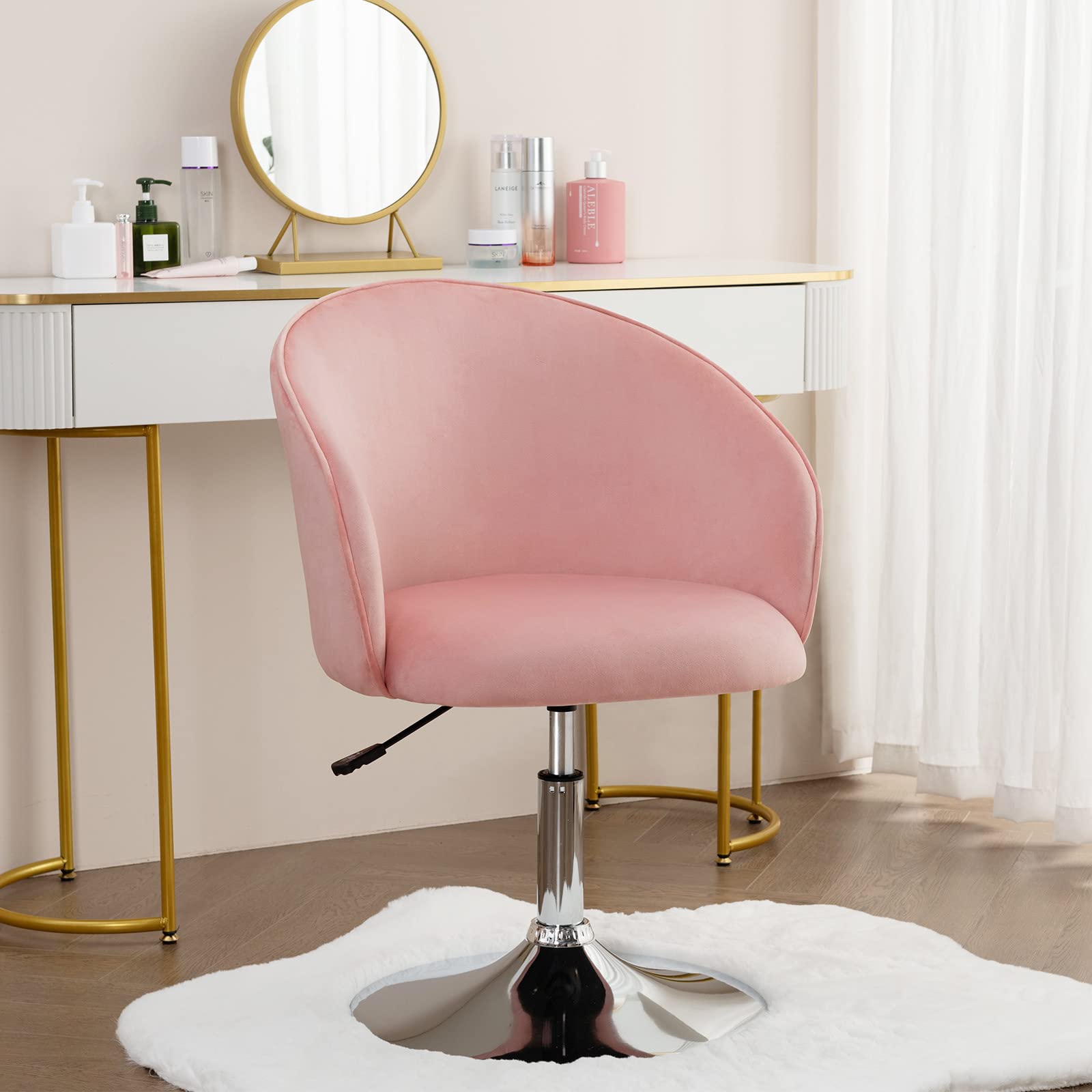 Furnimart Velvet Vanity Chair - Adjustable Height Makeup Stool with Chrome Frame, Round Swivel Accent Chair for Bedroom, Living Room & Office (Pink) - Perfect for Dressing Tables, Beauty Salons and Home Decor