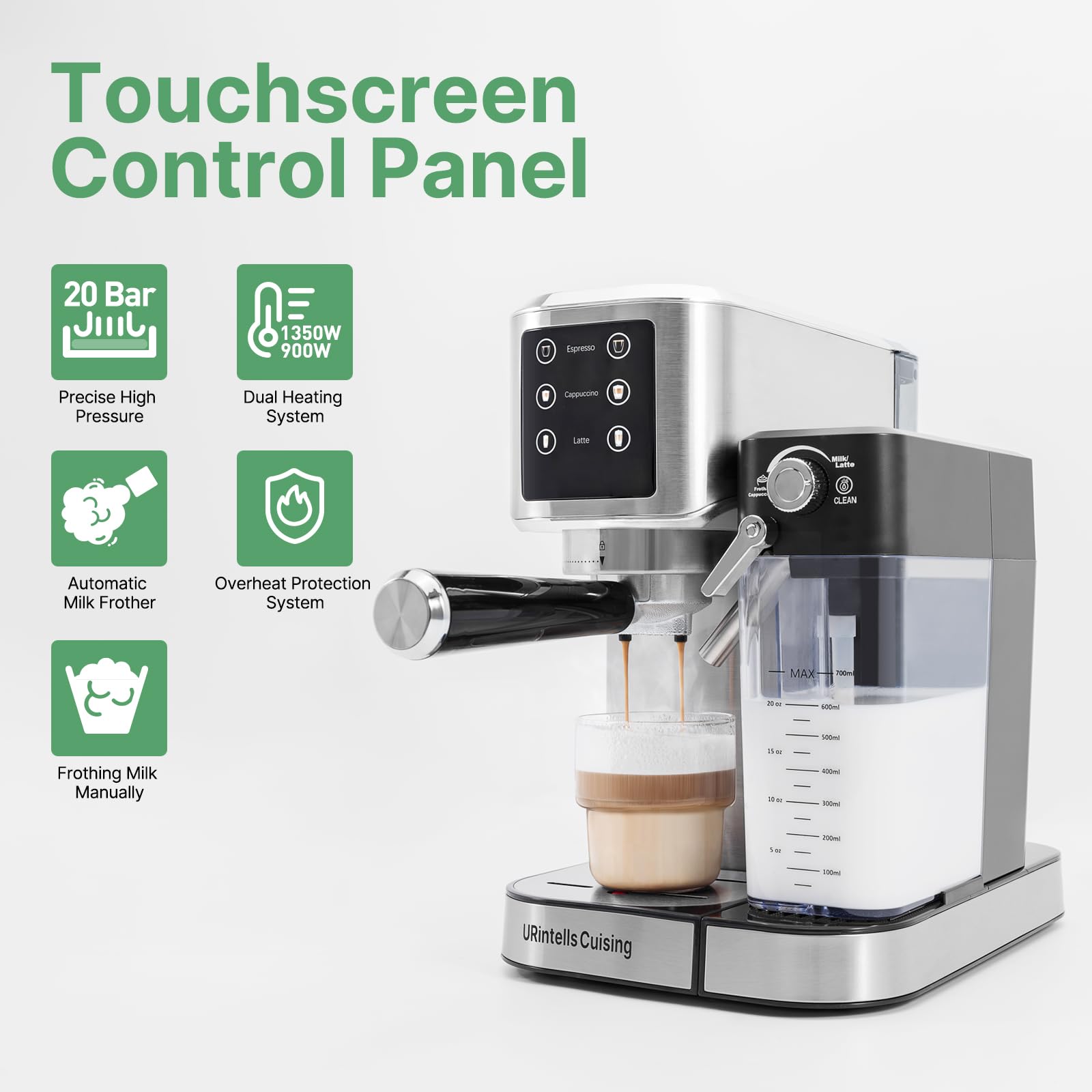 20 Bar Espresso Machine with Touchscreen & Automatic Milk Frother - Dual Heating System & Dual Pump for Cappuccino, Latte & Coffee - Perfect for Home, Office & Cafe Use