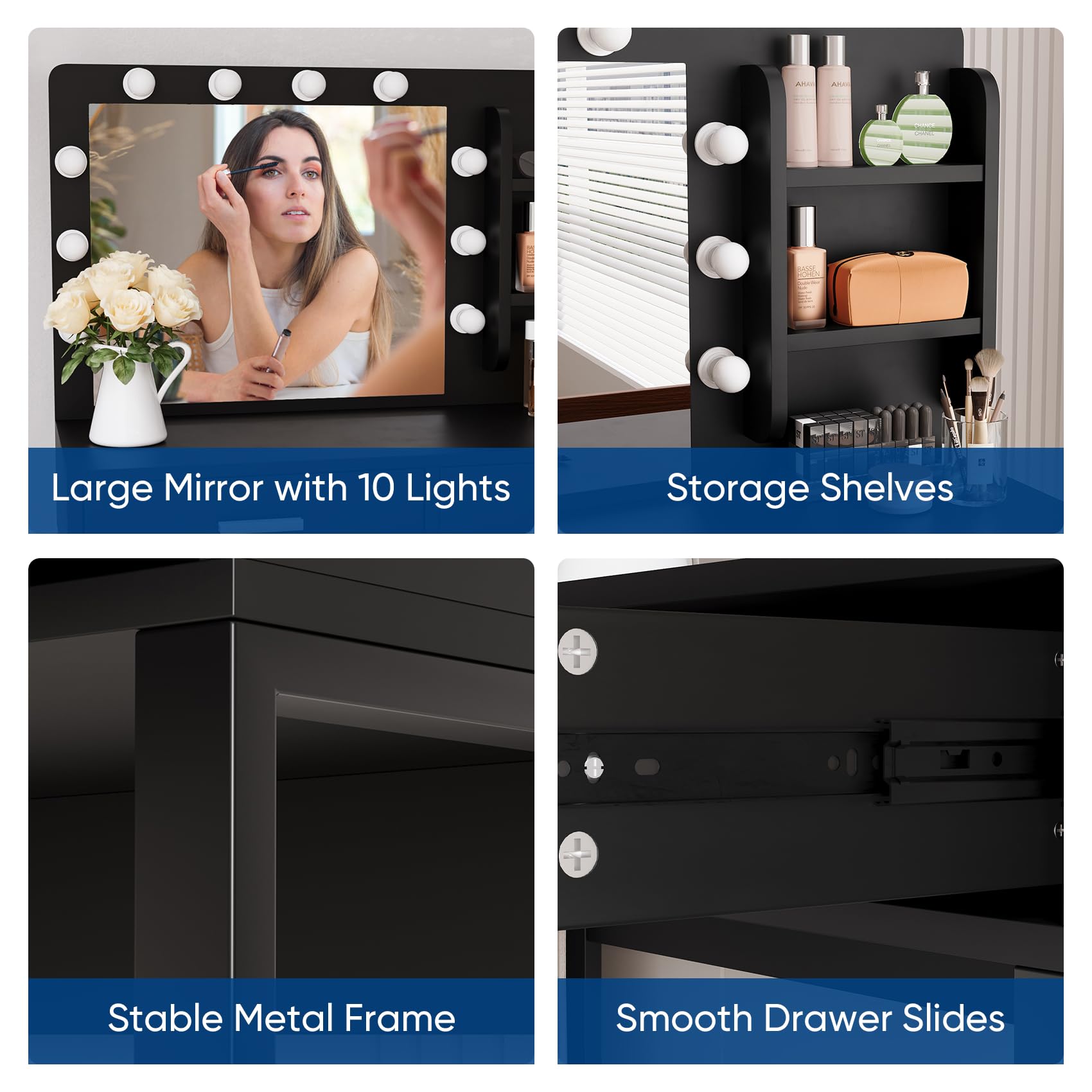 Semiocthome Makeup Vanity Desk with Mirror and LED Lights, Vanity Table with Shelves, 2 Drawers & Sturdy Metal Frame, 3 Lighting Modes & Adjustable Brightness - Dressing Table with Chair for Bedroom, Bathroom & Dorm Room (Black)