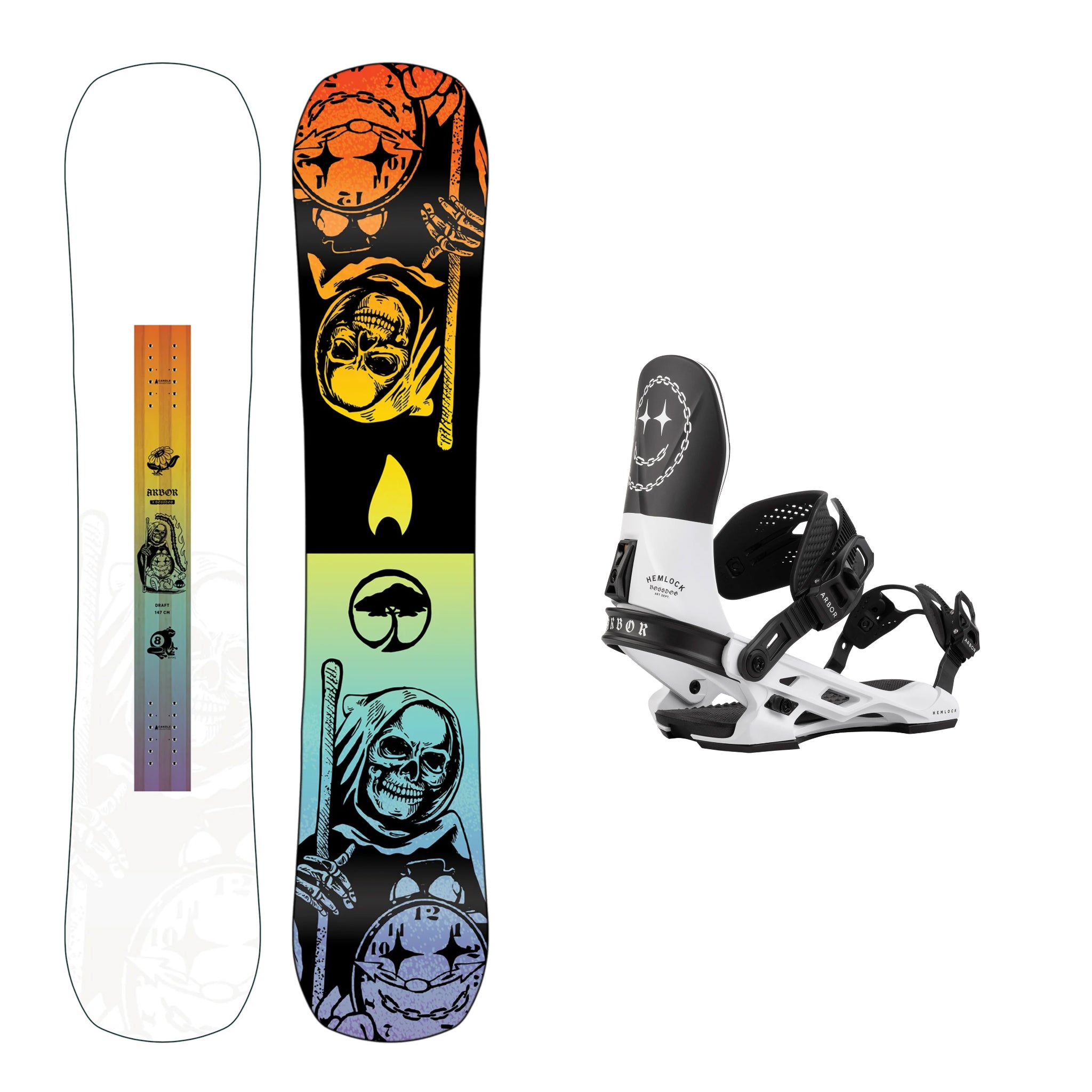**2025 Arbor Draft Rocker Snowboard with Hemlock Boss Dog Bindings - All-Mountain Freestyle Snowboard for Men & Women - Perfect for Powder, Park & Backcountry Riding**