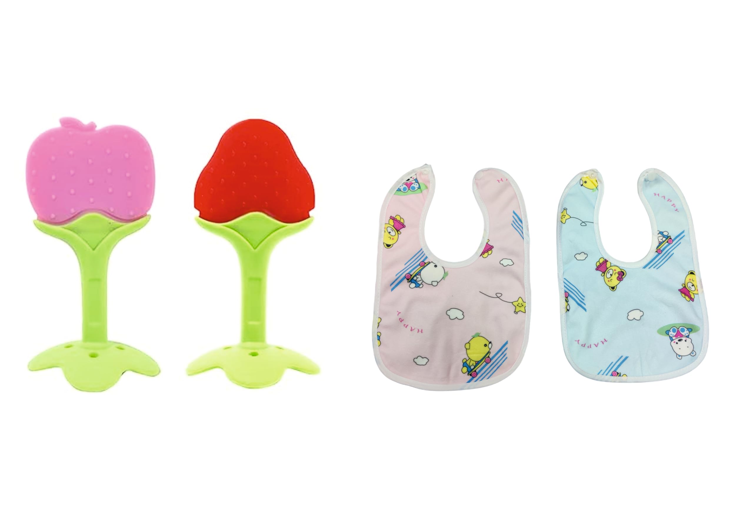 ROFORUF Baby Fruit Shape Silicone Teether - Natural Organic Nipple Teething Toy, Safe Textured Silicone for Newborns & Infants (2 Teethers + 2 Bibs) - Perfect for Soothing Sore Gums During Teething & Mealtime Mess Protection