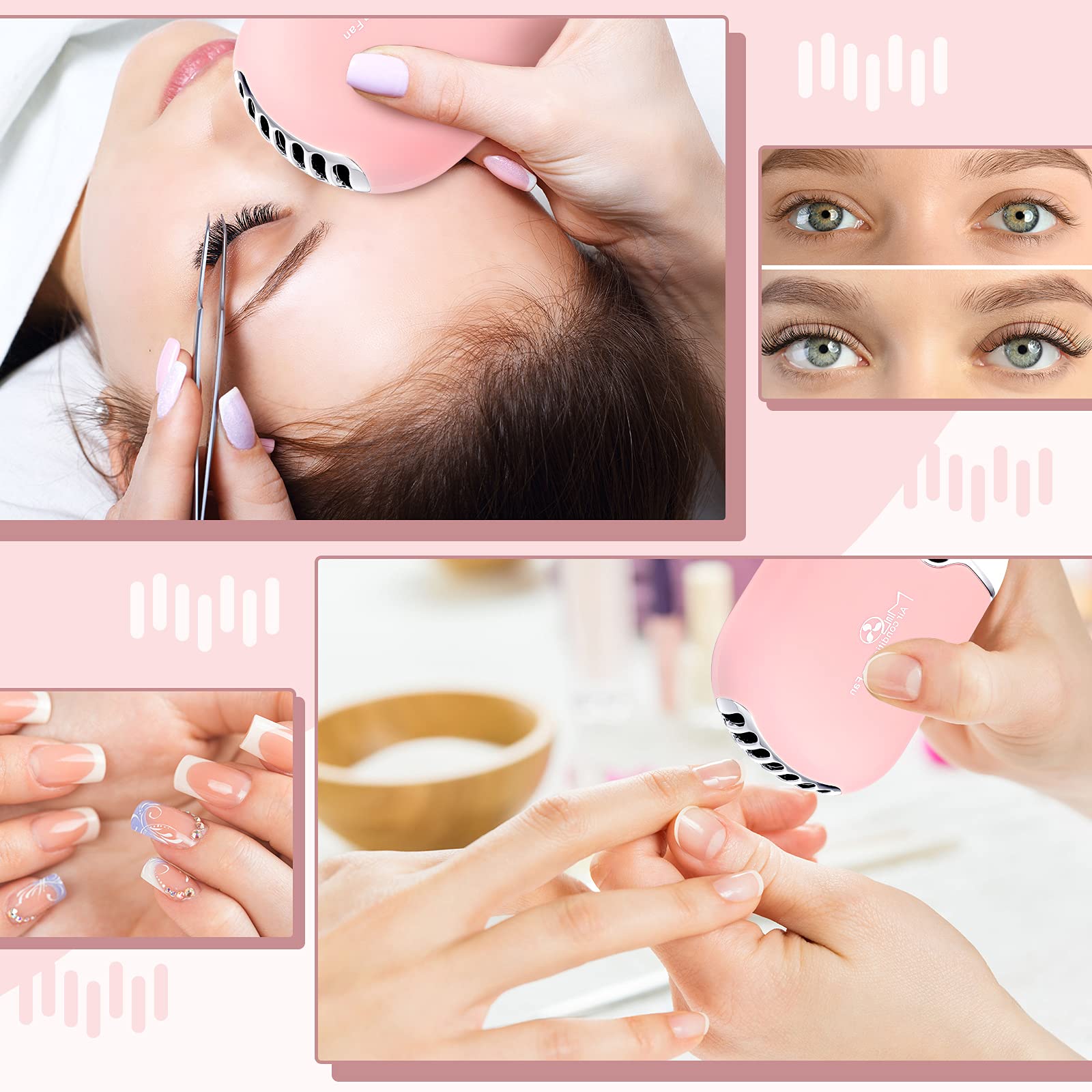 Honoson 3 Pcs Nano Mister for Lash Extensions, Mini USB Lash Fan Dryer, Handheld Eyelash Mirror & Portable Facial Steamer with 20ml Water Tank (Heart Style, Pink) - Perfect for Salon, Home & Travel Eyelash Care