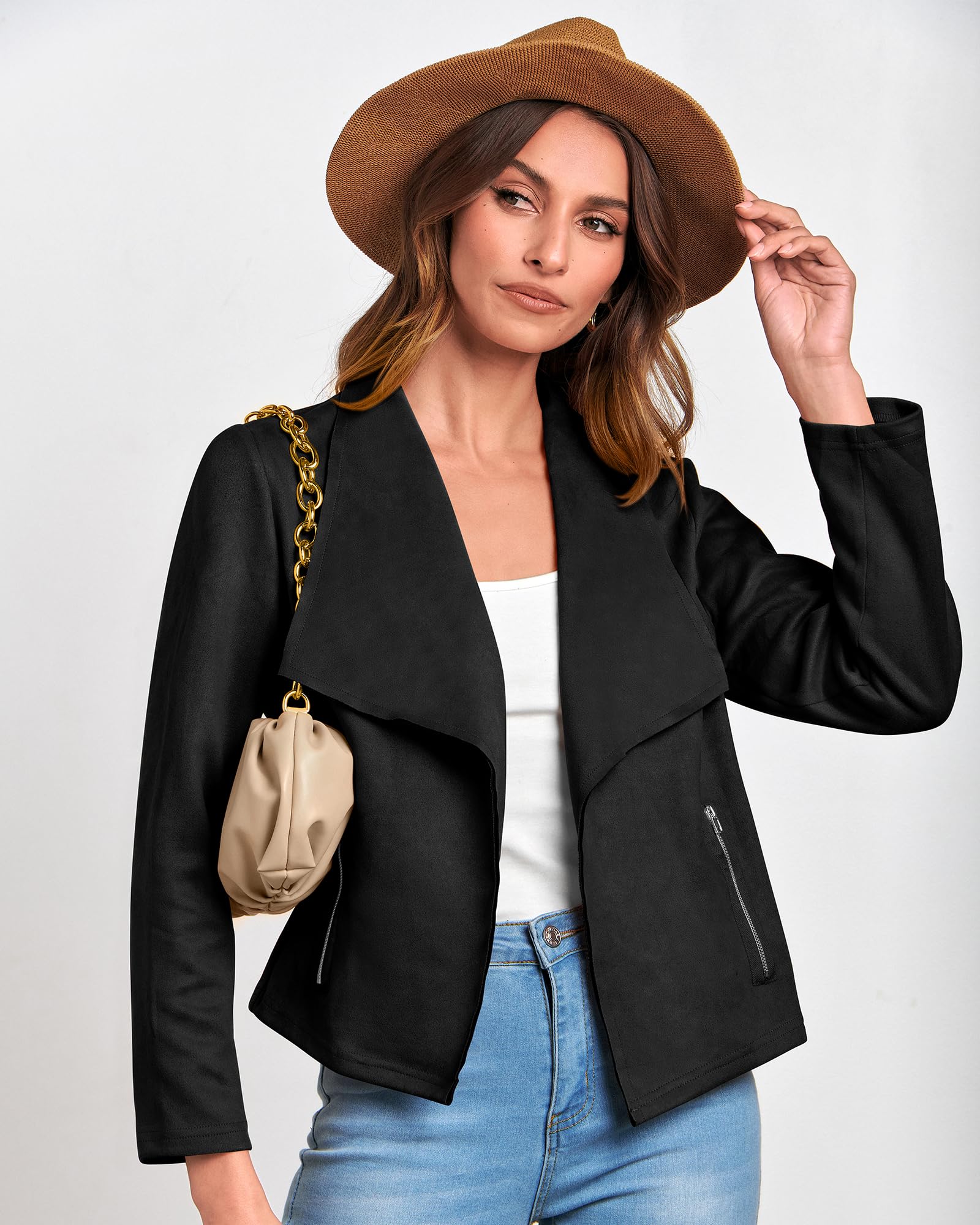 BTFBM Women's Faux Suede Jacket - Elegant Lapel Long Sleeve Open Front Cropped Coat for Spring & Summer 2025 | Perfect for Office Wear, Date Nights & Casual Outings