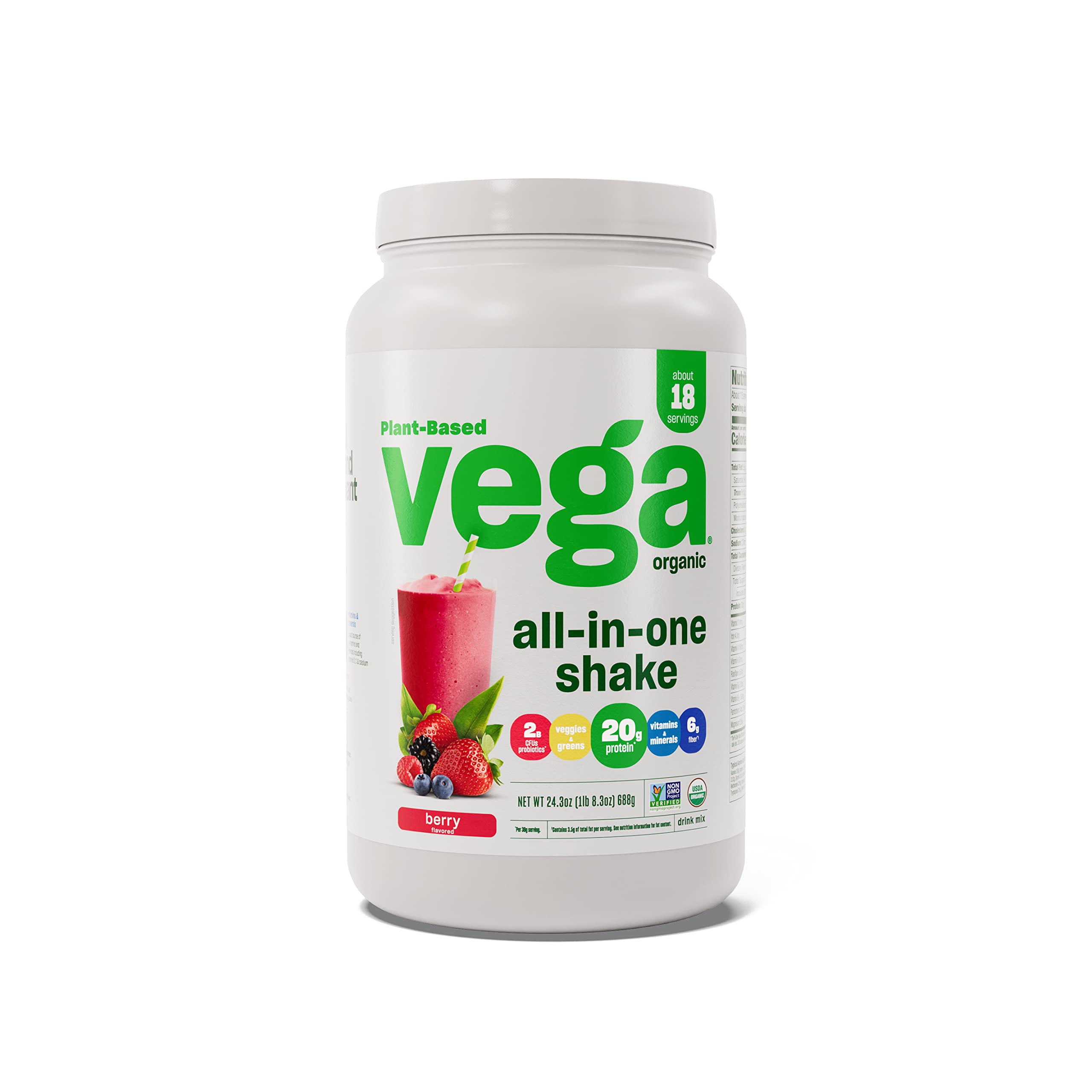 Organic Vega Protein Powder - Berry Flavor, 24.3oz (Large) | Plant-Based Protein Shake for Muscle Recovery & Post-Workout | Vegan, Gluten-Free, Non-GMO | Smoothies & Healthy Breakfasts