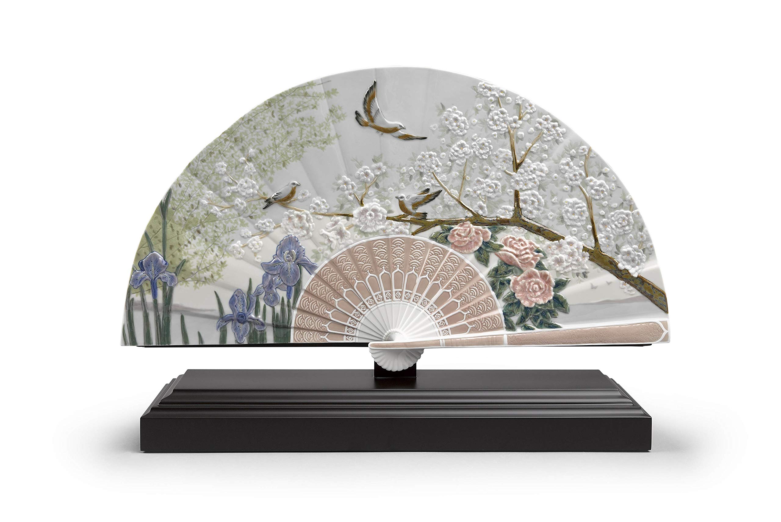 LLADRÓ Iris and Cherry Flowers Porcelain Hand Fan - Limited Edition Decorative Fan for Home Décor & Collectors