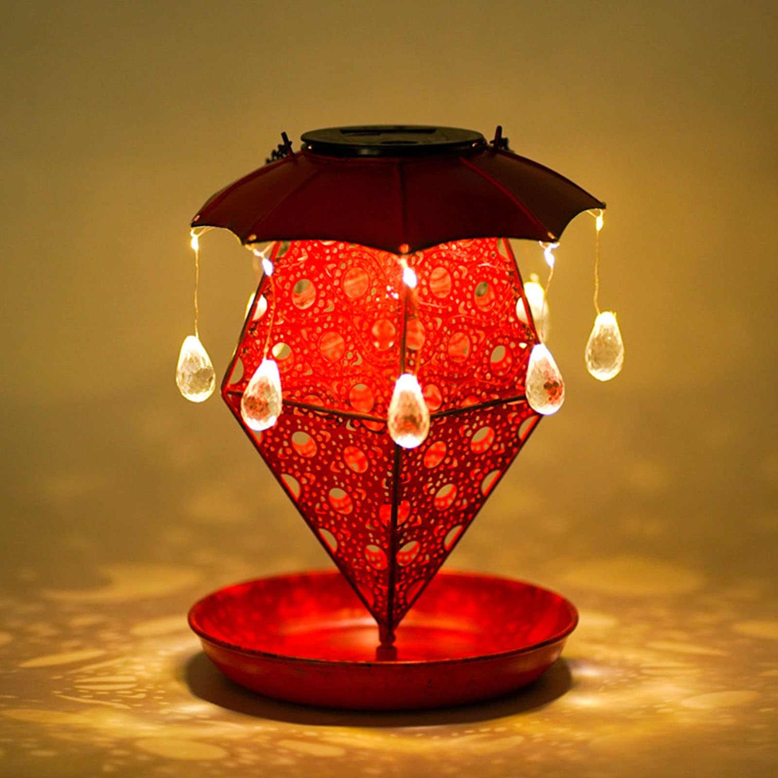 Solar Powered Hanging Bird Feeder with LED Light - Waterproof Outdoor Garden Decoration for Wild Birds (Red) | Attracts Cardinals & Finches, Perfect for Backyard, Patio & Balcony Bird Watching
