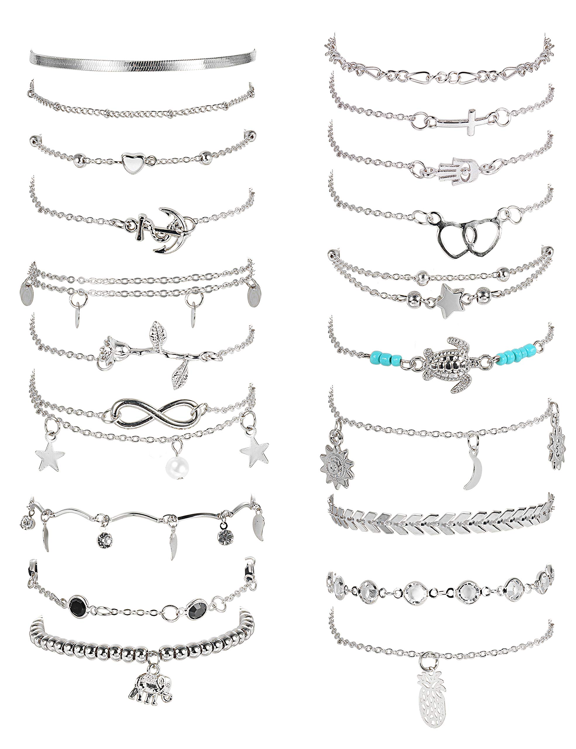 LOYALLOOK 20Pcs Adjustable Ankle Bracelets for Women - Star, Heart, Turtle & Infinity Anklet Set - Perfect for Beach, Summer & Boho Fashion Accessories