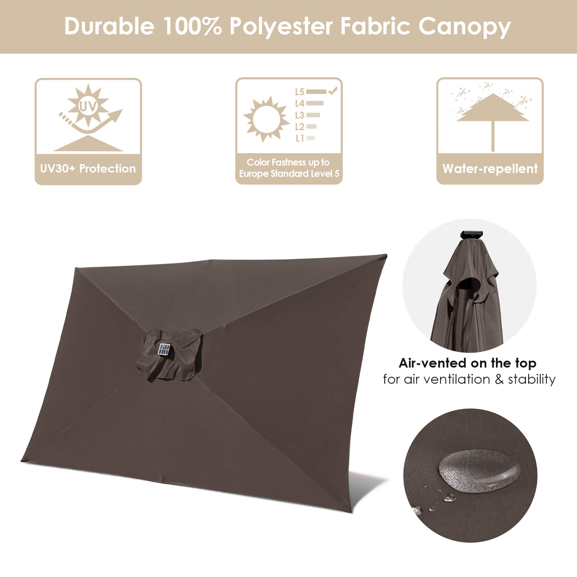 Yescom 10x6.5 ft Outdoor Patio Umbrella with Solar LED Lights - Aluminum Frame, Crank Tilt Mechanism, Chocolate Color (2 Pack) - Perfect for Poolside, Garden, Backyard, and Patio Relaxation