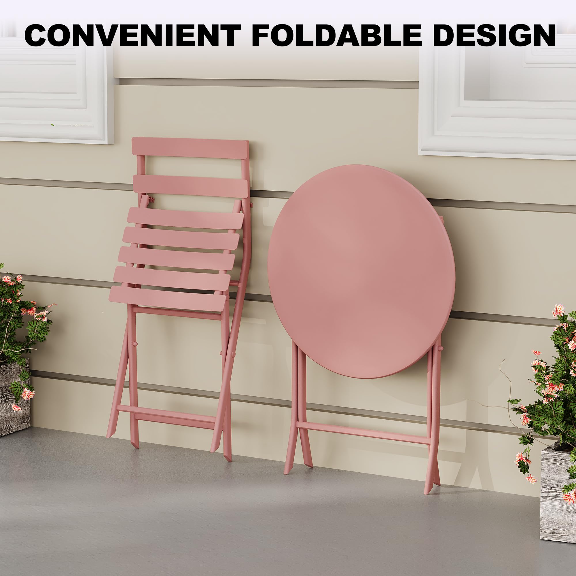 GARVEE 3-Piece Folding Patio Bistro Set with Round Table & 2 Chairs - Weather-Resistant, Space-Saving Outdoor Furniture with Premium Frame in Pink - Perfect for Small Balconies, Gardens, and Poolside Relaxation