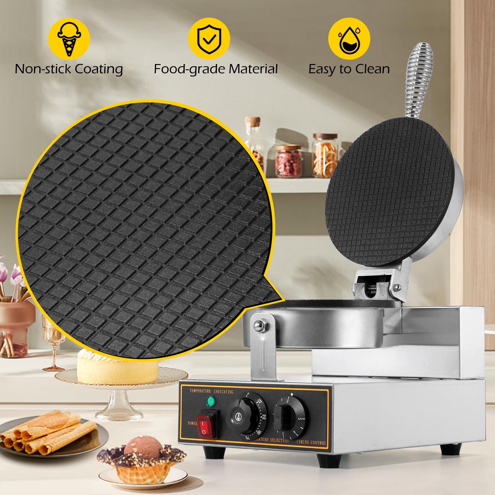 Dyna-Living Commercial Ice Cream Cone Maker – 110V Electric Waffle Cone & Bowl Machine, Stainless Steel Non-Stick Egg Roll Mold – 1200W for Home, Restaurants, Bakeries, and Ice Cream Shops