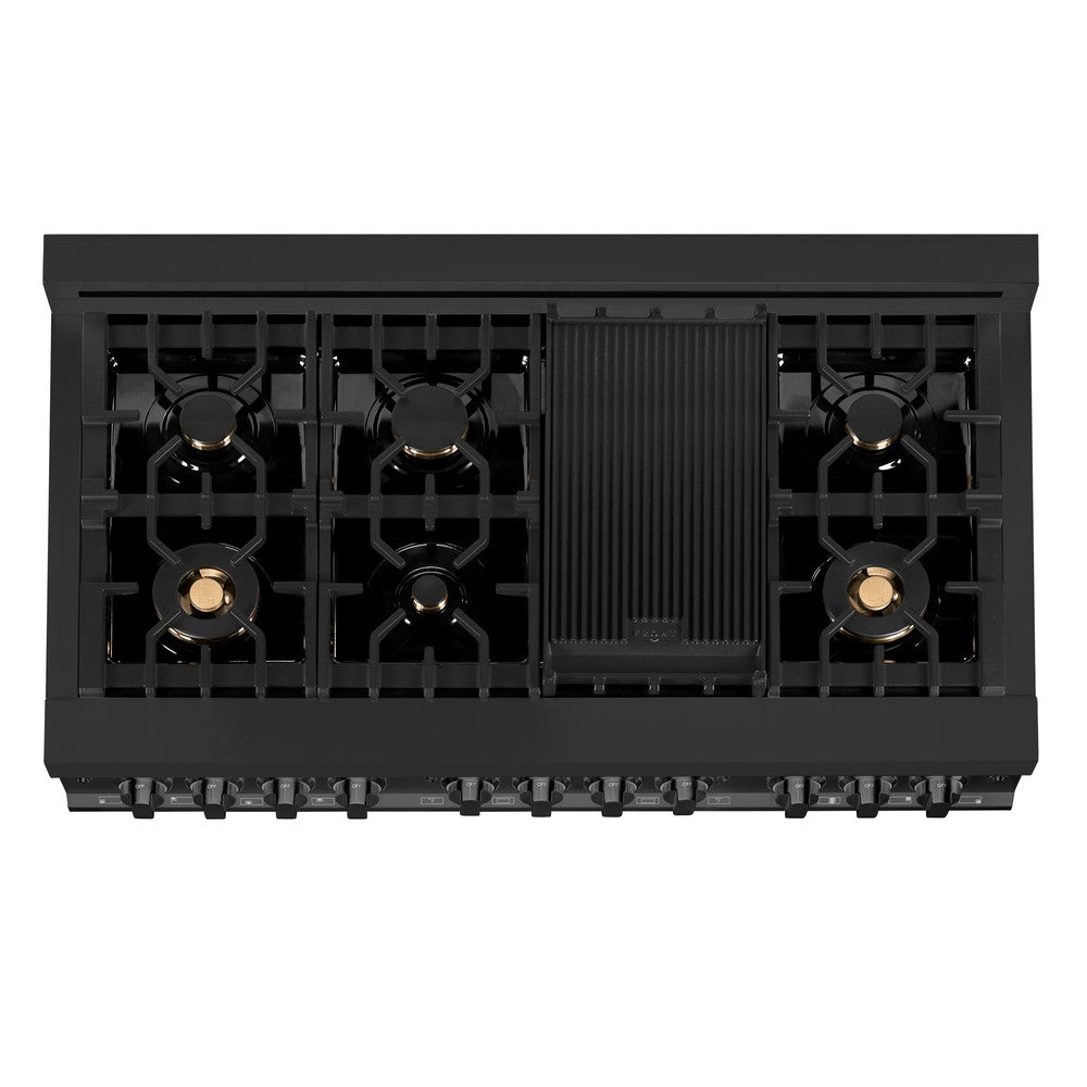 ZLINE 48-Inch 6.0 cu. ft. Dual Fuel Range with Gas Cooktop & 2 Electric Ovens - Black Stainless Steel with Brass Burners (RAB BR 48) | Professional Kitchen Appliance for Home Chefs & Cooking Enthusiasts