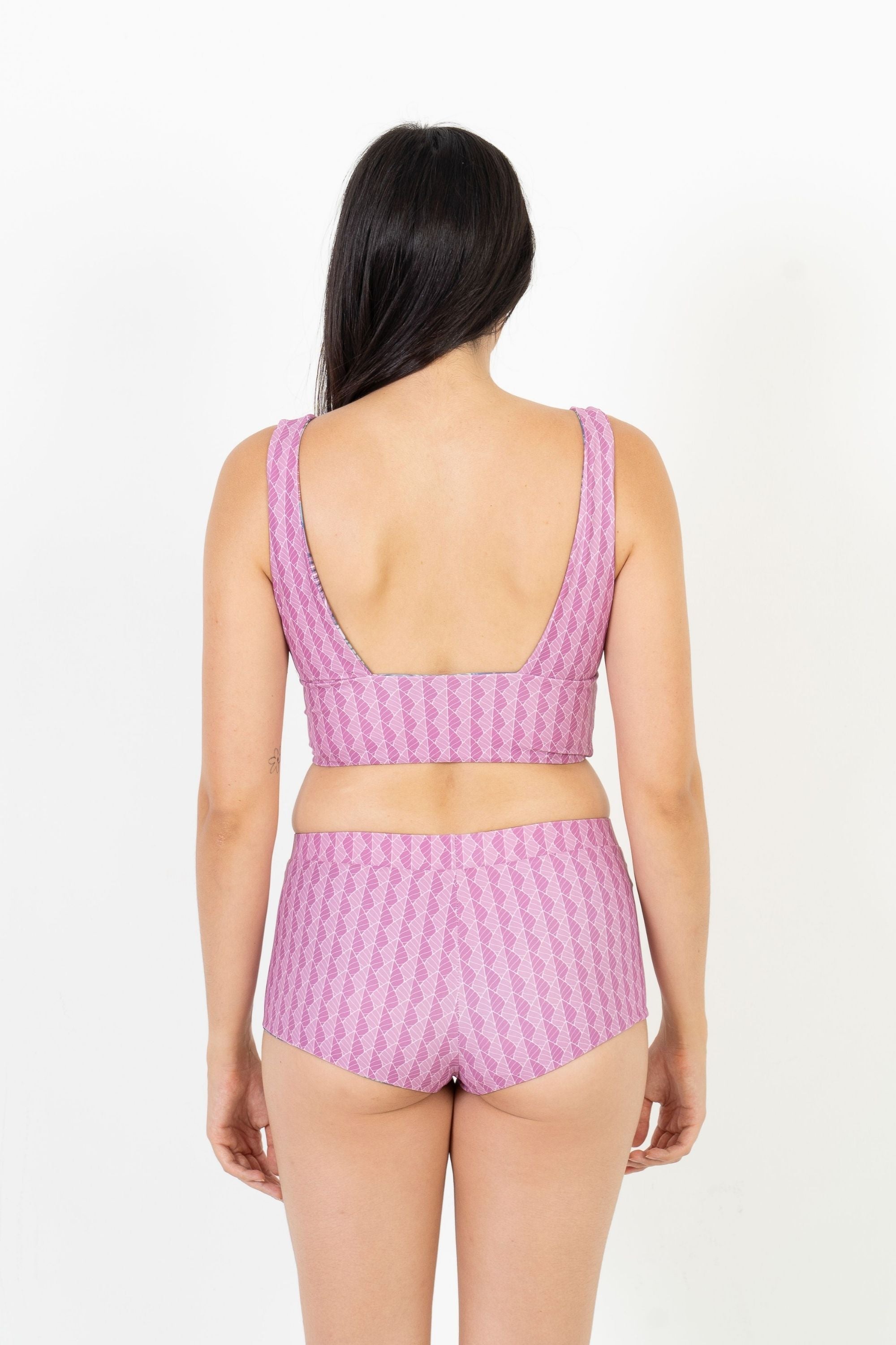 Reversible Sipadan Crop Bikini Top - Purple Leaf & Botanical Print | Women's Swimwear for Beach, Pool & Vacation