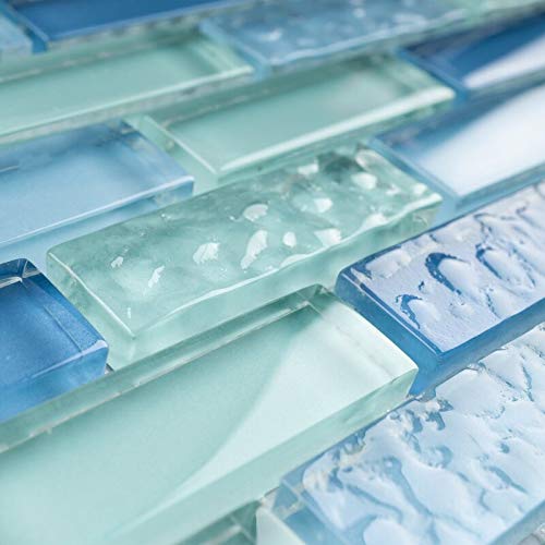 Mini Brick Mix Blue Glass Mosaic Wall Tile - 10 Sheets/Case - Waterproof Backsplash Tile for Bathroom, Kitchen, Shower, Pool & Spa - DIY Home Decor Mosaic Tiles for Walls & Countertops