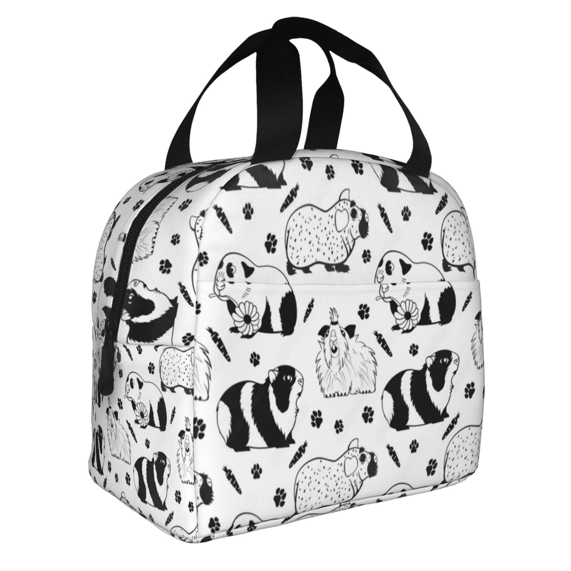 Black & White Guinea Insulated Lunch Bag for Women & Girls - Reusable Thermal Lunch Cooler Tote with Front Pocket - Cute Fashion Lunch Box for Office, School, Travel, Picnics & Outdoor Activities