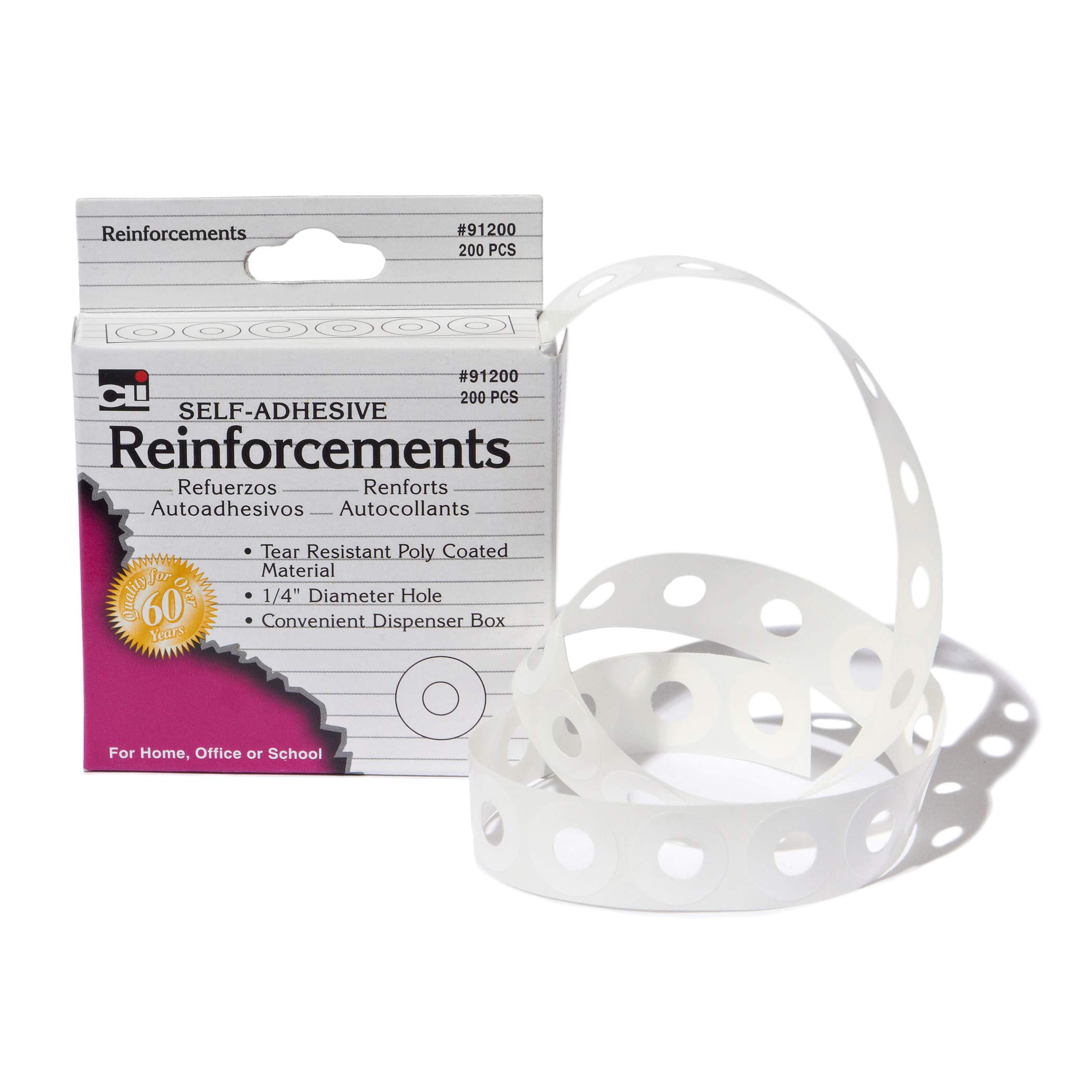 Charles Leonard Self-Adhesive Paper Hole Reinforcements - 1/4 Inch White Reinforcements (200/Box) for Binders, Notebooks & Office Organization - 91200 Dispenser Box
