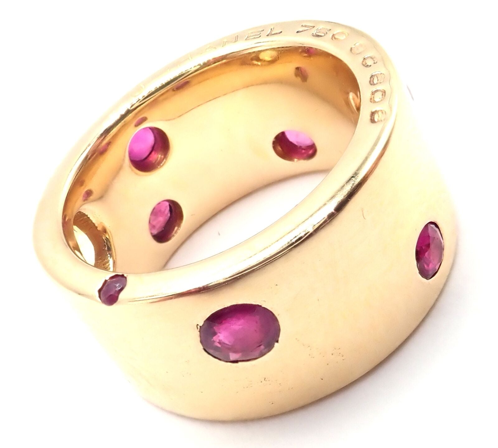 Authentic Chanel 18k Yellow Gold Ruby & Yellow Sapphire Wide Band Ring - Size 5 | Luxury Fashion Jewelry for Women, Perfect for Weddings, Parties & Special Occasions