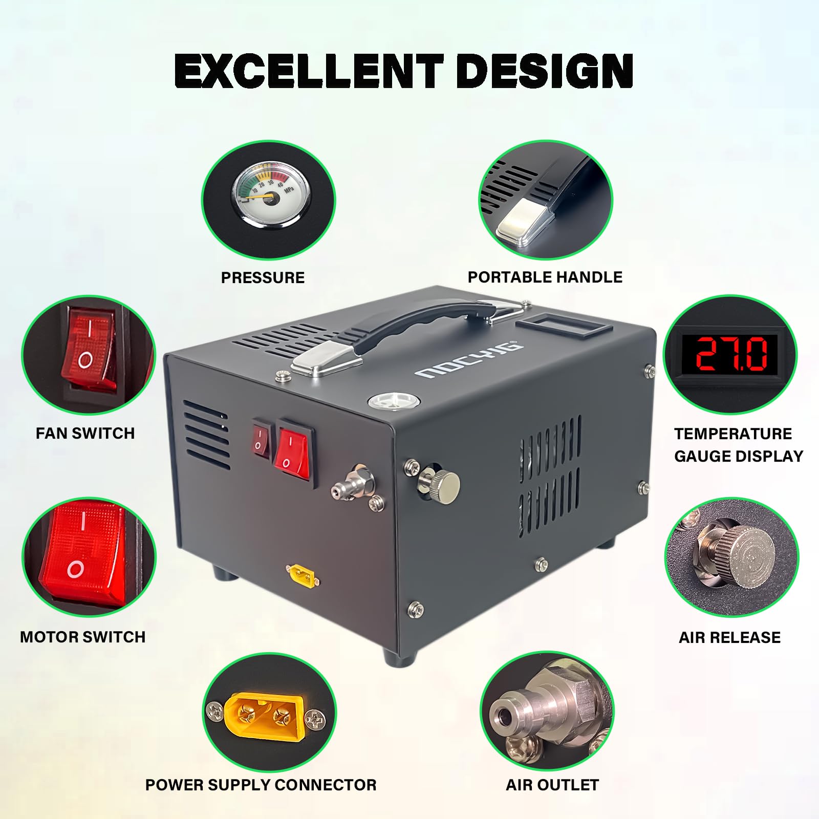 4500PSI Portable PCP Air Compressor - 12V DC/110V AC Dual Power with Auto-Stop - Built-in Cooling Fan & External Power Adapter - Perfect for PCP Air Rifles, Paintball Guns & Scuba Tanks - Great for Hunting, Target Shooting & Outdoor Sports