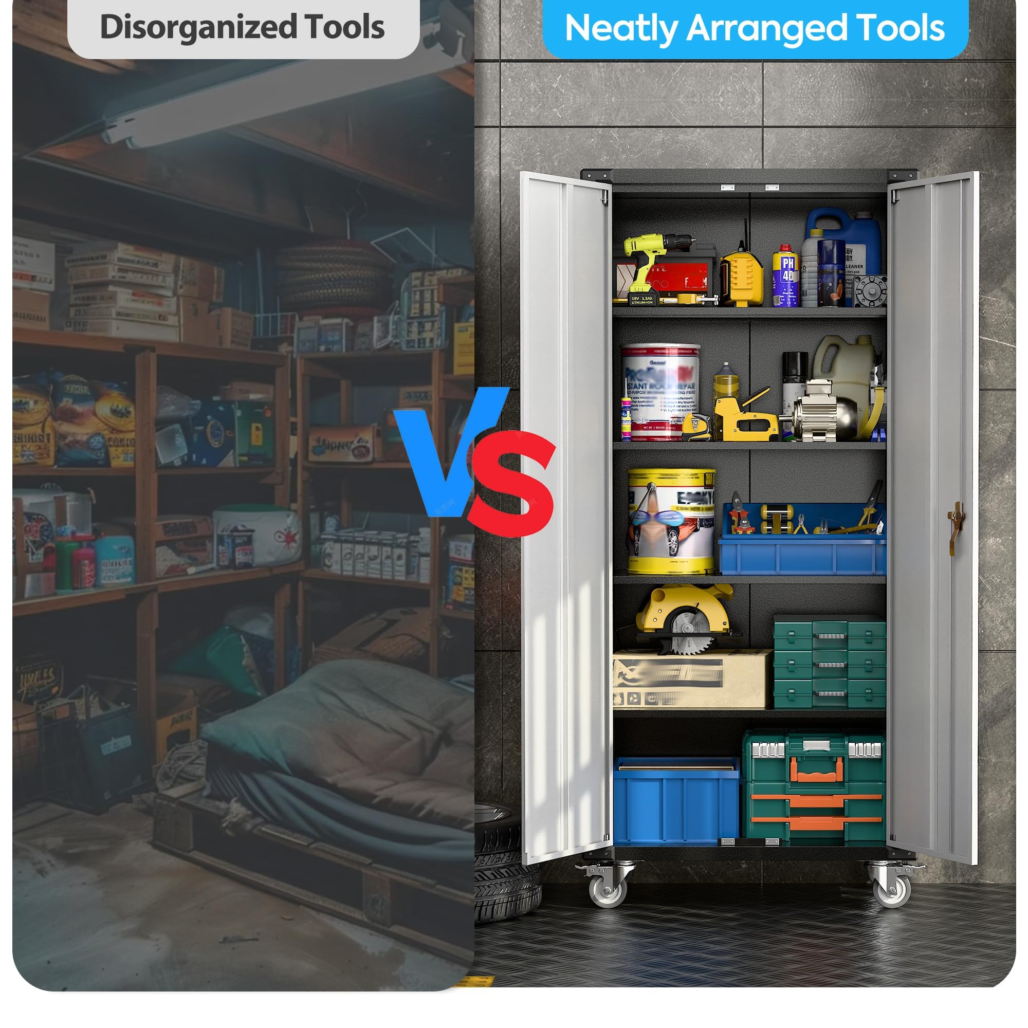 Heavy-Duty Metal Garage Storage Cabinet with Wheels - 72