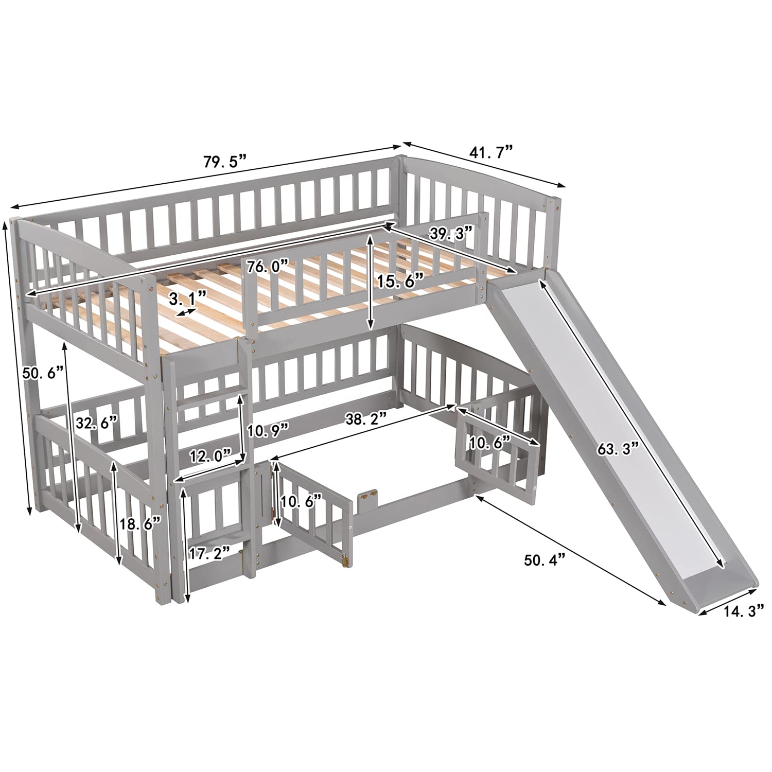 Twin Over Twin Bunk Bed with Slide - Solid Wood Bunk Bed Frame with Double Doors, Safety Fence & Ladder for Kids, Teens & Adults - Space-Saving Grey Bunk Bed No Box Spring Needed - Perfect for Small Bedrooms, Kids' Rooms & Guest Rooms