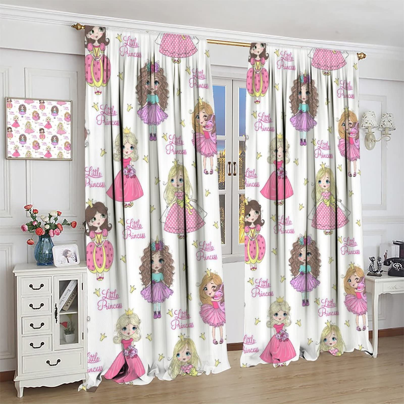 Cute Unicorn Cartoon Curtains for Girls - Princess Themed Kids Room Decor, 2 Panel Set 42x45 Inches - Perfect for Bedroom, Nursery & Playroom Decorations