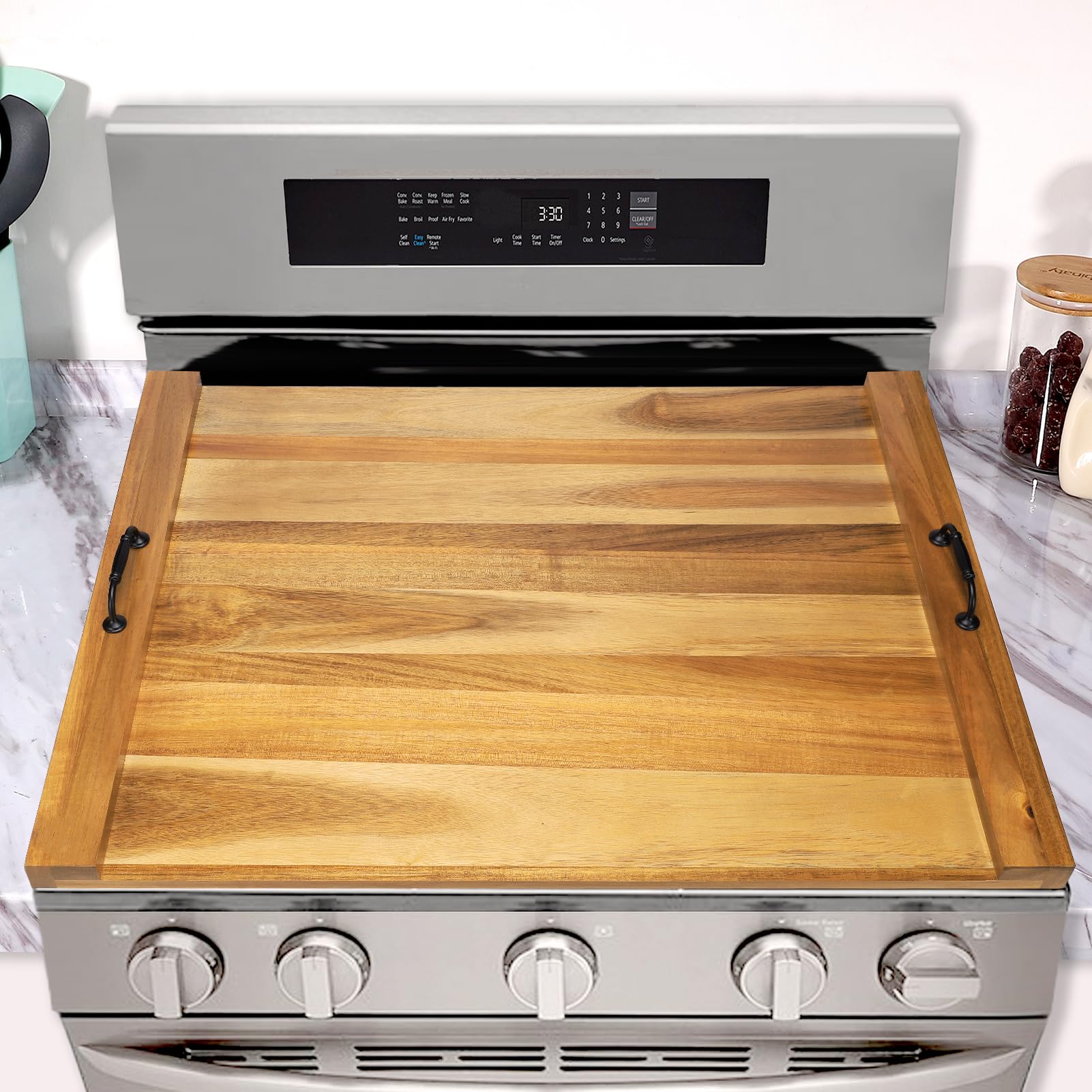 Premium Acacia Wood Stove Top Cover - 4 & 5 Burner Gas/Electric Cooktop Protector with Handle | Heat-Resistant Cutting Board & Noodle Board | Perfect for Kitchen Counter Protection & Extra Prep Space