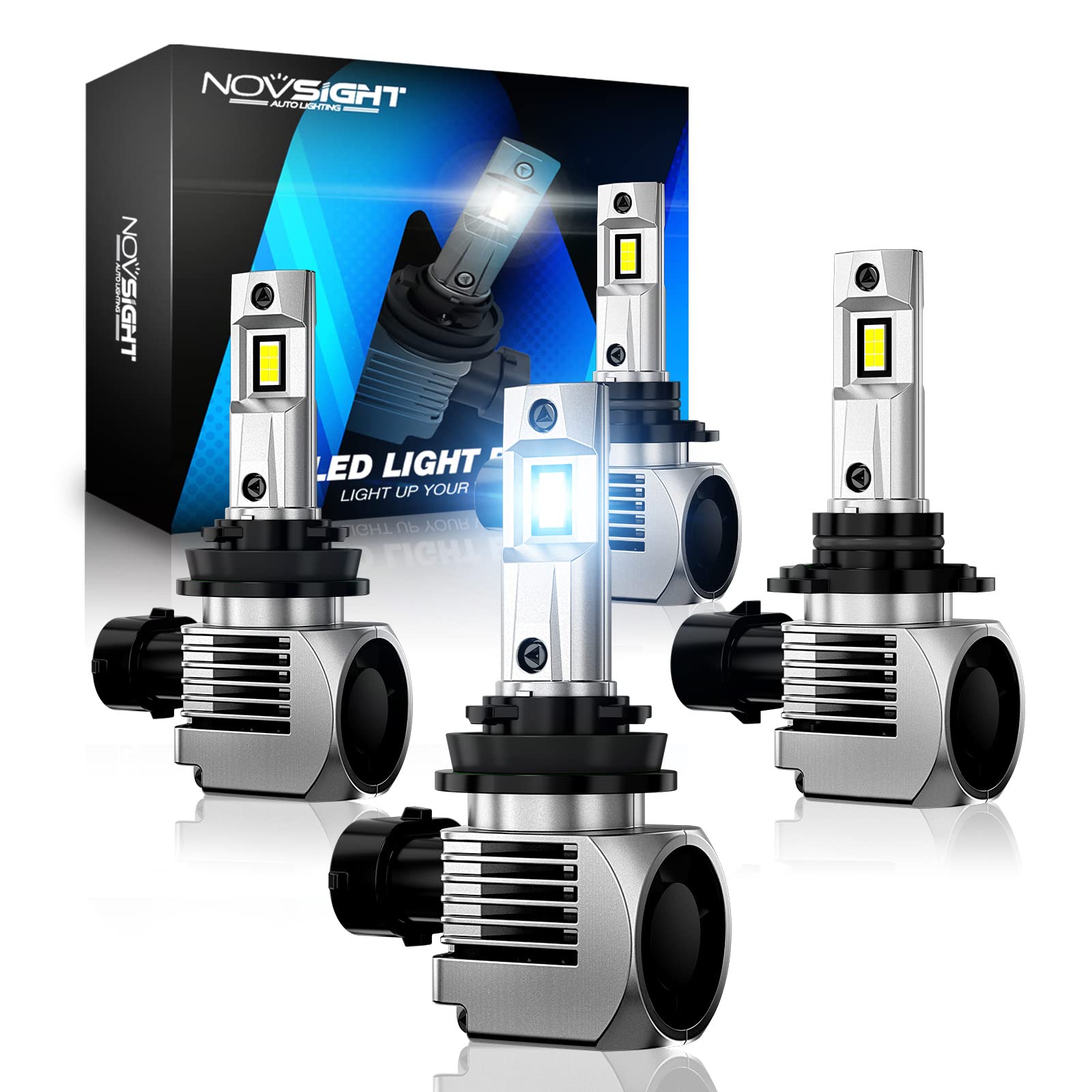NOVSIGHT 9005 H11 LED Headlight Bulbs Combo - 40000 Lumen, 600% Brighter 6500K Xenon White, 90W Plug and Play - H11/H9/H8 Low Beam & 9005/HB3 High Beam (4 Pack) - Perfect for Night Driving, Off-Roading, and Enhanced Visibility