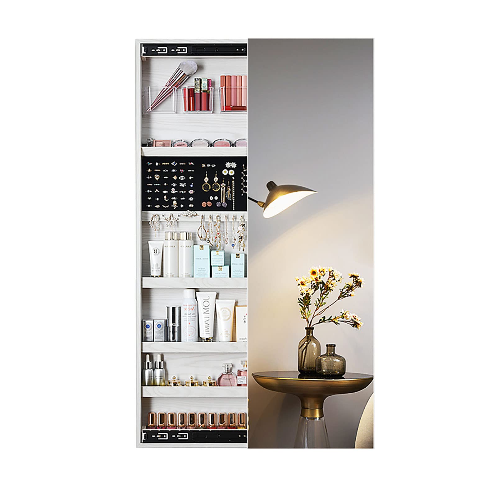 GPAIHOMRY Lockable Jewelry Cabinet Armoire with LED Lights & Full-Length Mirror - Wall Mount/Door Hanging Jewelry Organizer with Cosmetic Brush Storage Boxes, White - Perfect for Bedroom, Closet & Dressing Room Organization