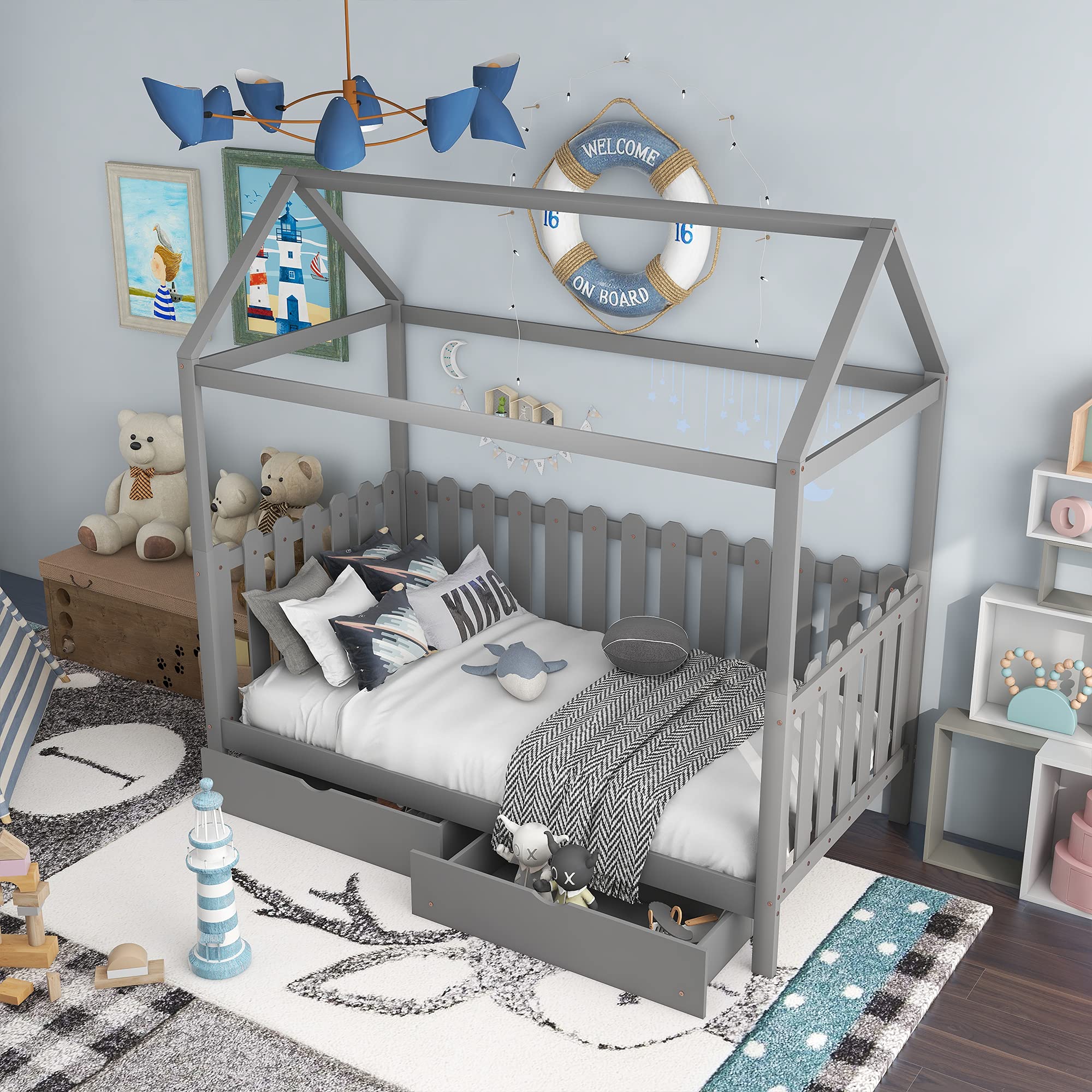 **Kids Twin Size Wooden House Bed Frame with 2 Drawers, Fence Guardrail & Roof - Semi-Enclosed Play Space, No Box Spring Needed (Gray) - Perfect for Bedrooms, Playrooms & Imaginative Play**