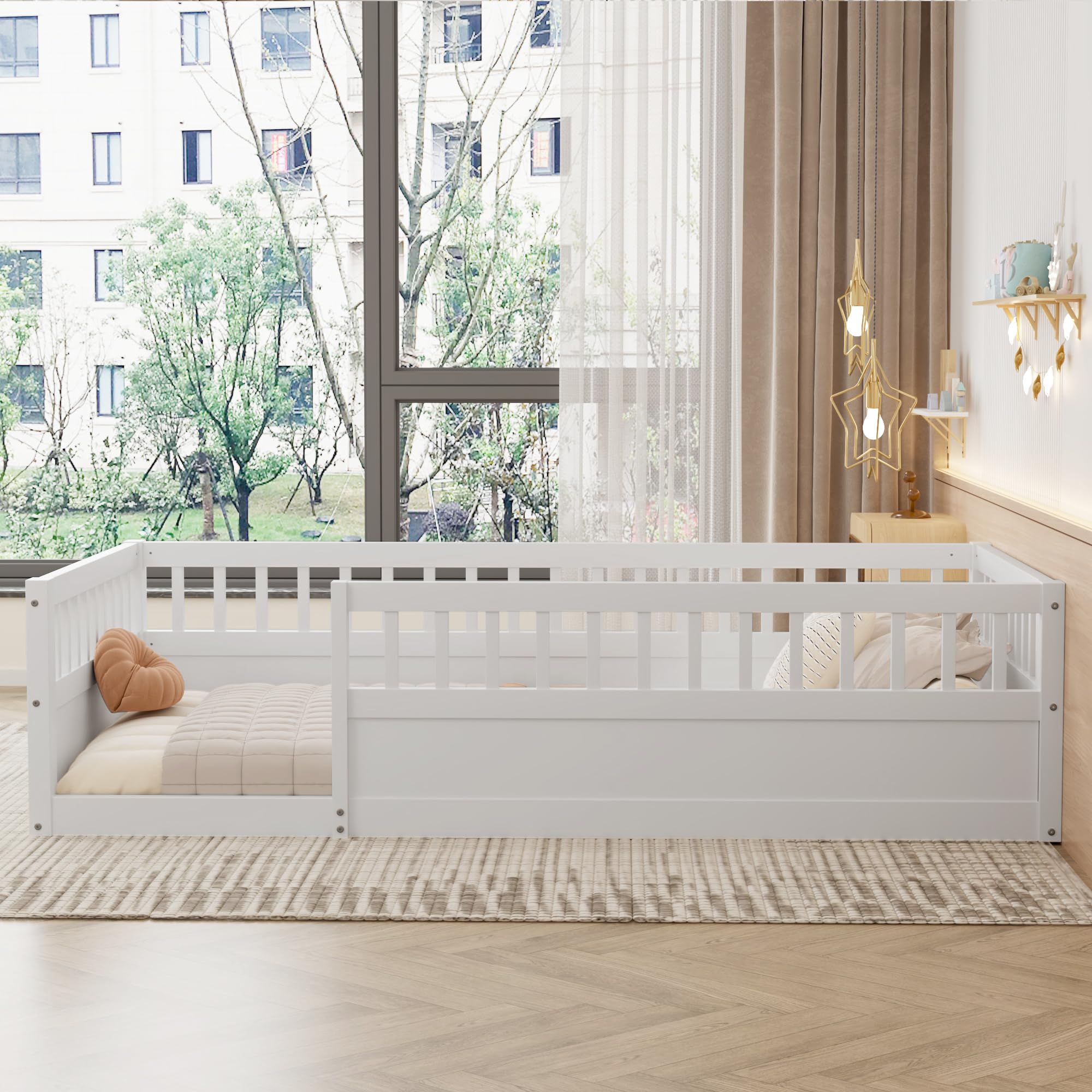 Montessori Floor Bed for Kids - Twin Size Wooden Playhouse Bed with High Safety Railings for Baby Boys, Girls & Teens - No Slats Included - White - Perfect for Montessori Bedrooms, Playrooms & Safe Toddler Sleep Spaces