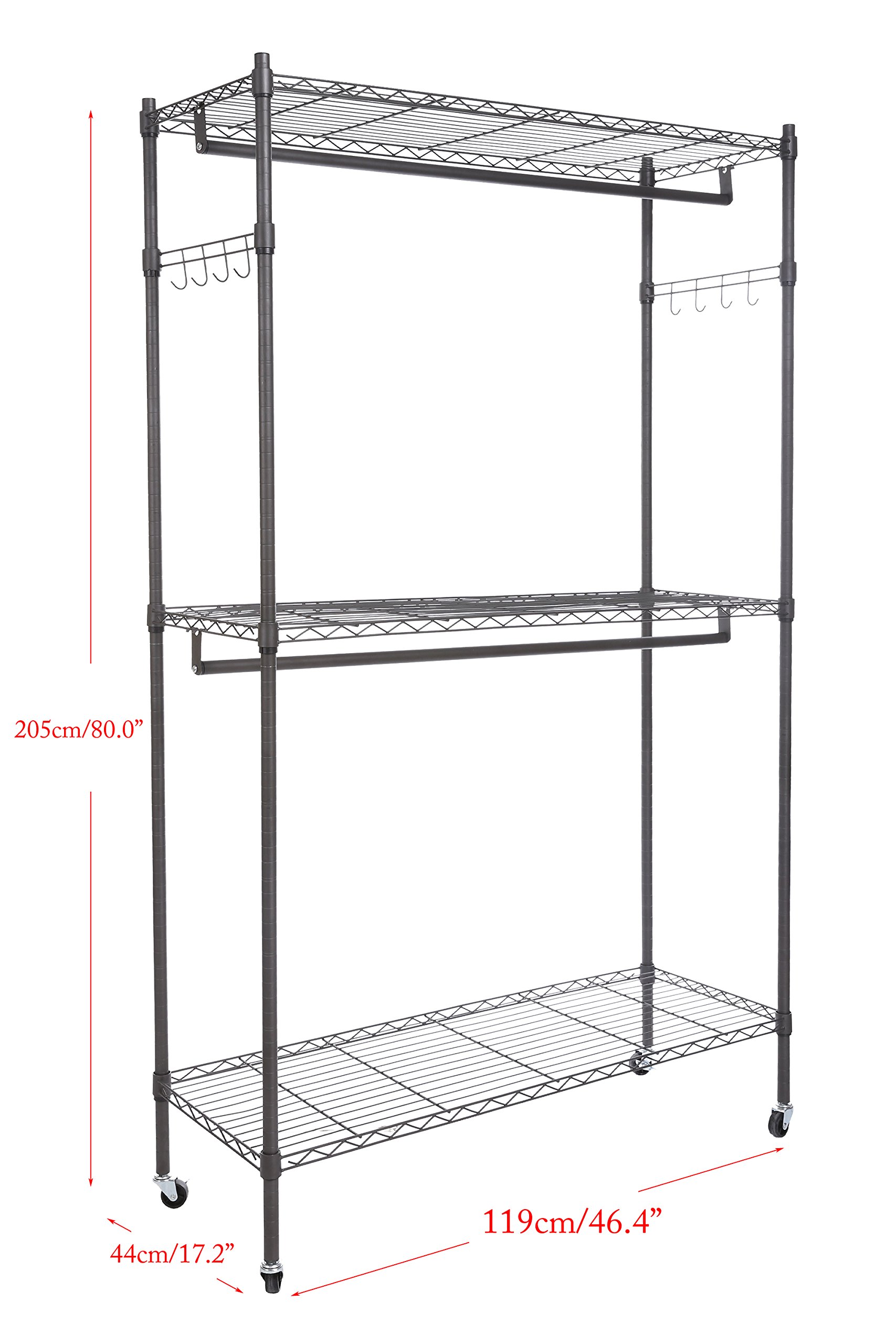 3-Tier Rolling Garment Rack with Lockable Wheels & Side Hooks - Heavy Duty Metal Wire Clothes Drying Rack for Bedroom, Laundry Room, or Closet Organization (Large Capacity, Movable Storage Solution)