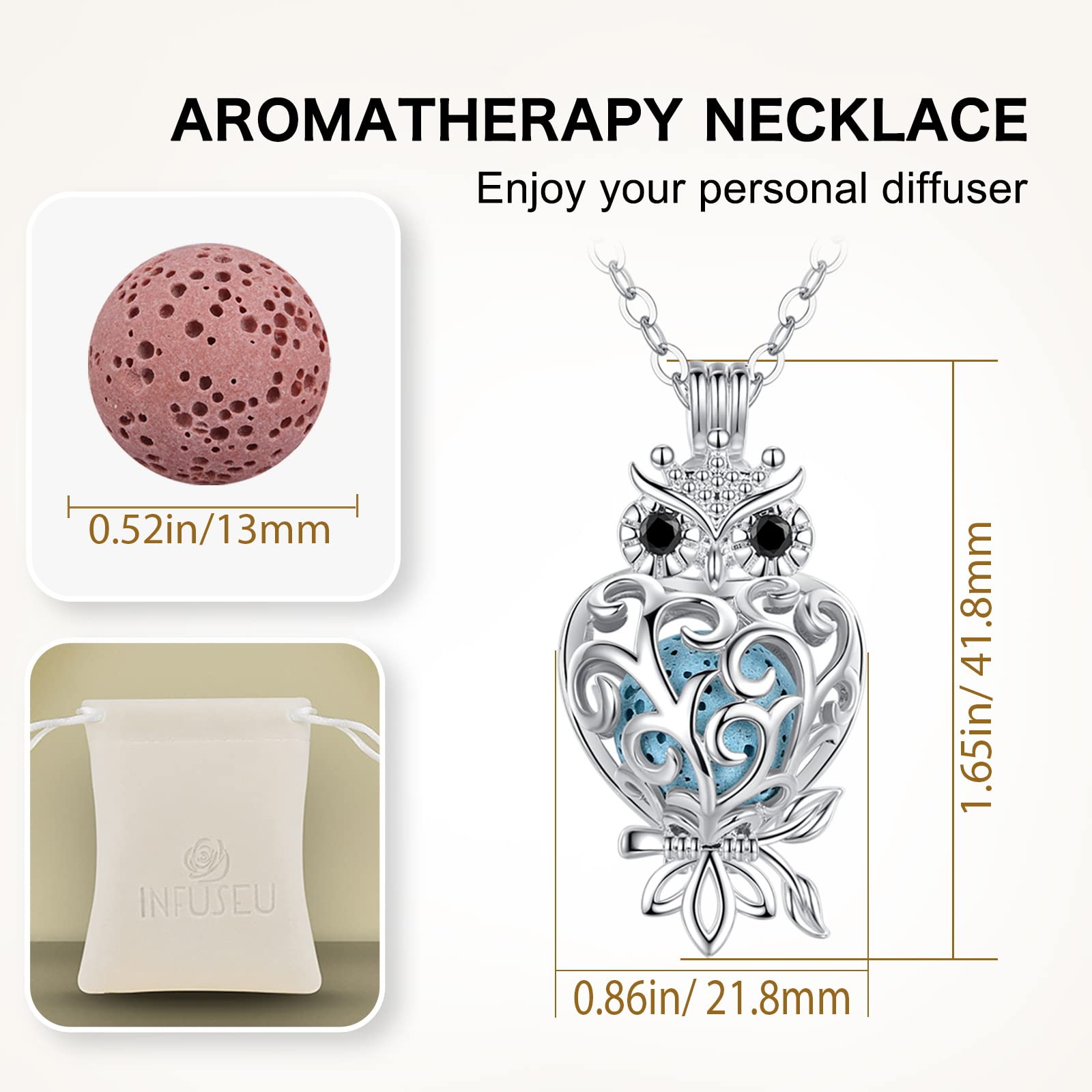INFUSEU Aromatherapy Essential Oil Diffuser Necklace for Women - Cute Animal Pendant with 7 Lava Stones & 24